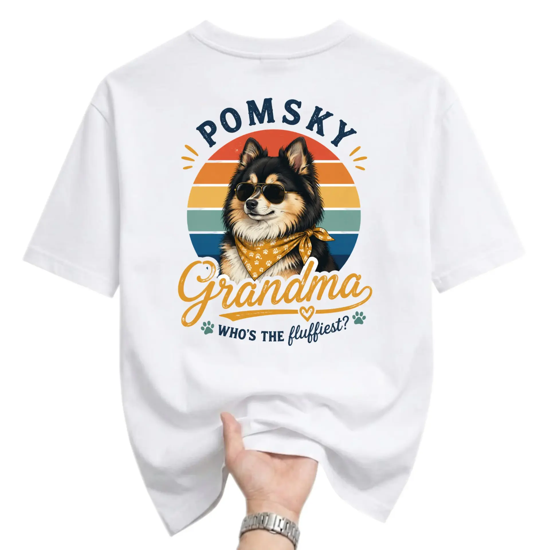 Funny Shirt Pomsky Grandma Unisex Graphic Tee Retro Sunset Dog Lover Casual Crew Neck Short Sleeve Cotton Apparel