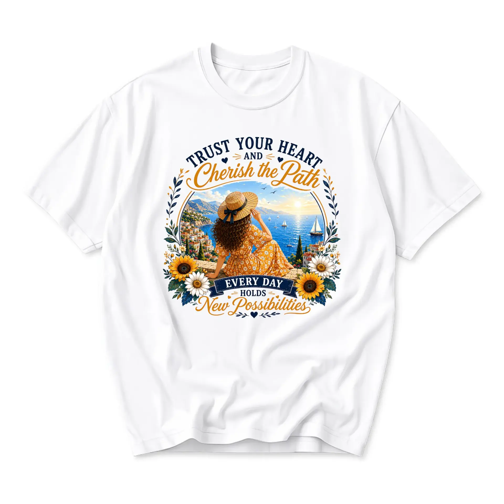 Graphic Tee Trust Your Heart Coastal Landscape Print Unisex Crew Neck Casual Short Sleeve Summer Inspiration Shirt