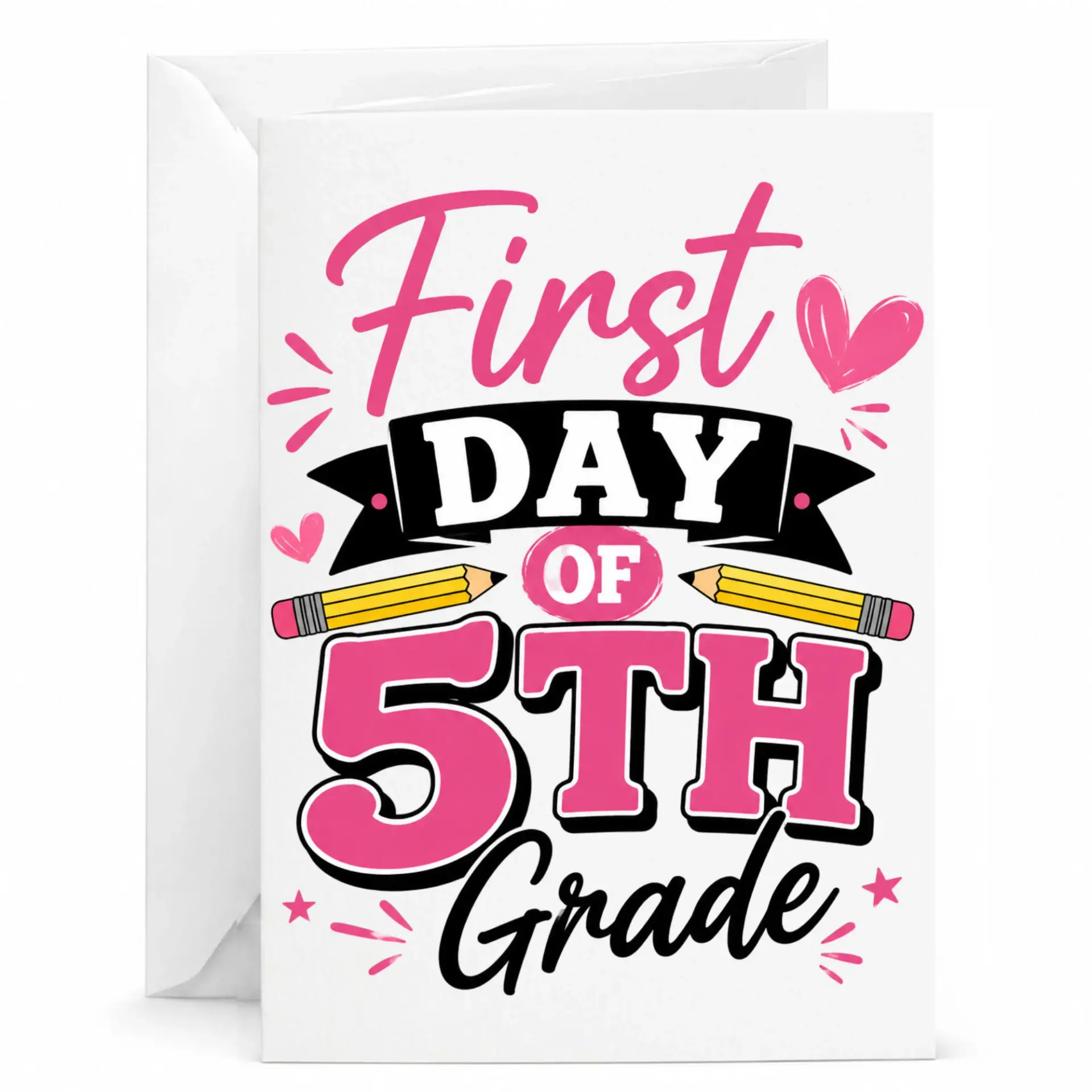 Greeting Card First Day of 5th Stationery Featuring Bold Pink and Black School Design for Milestone
