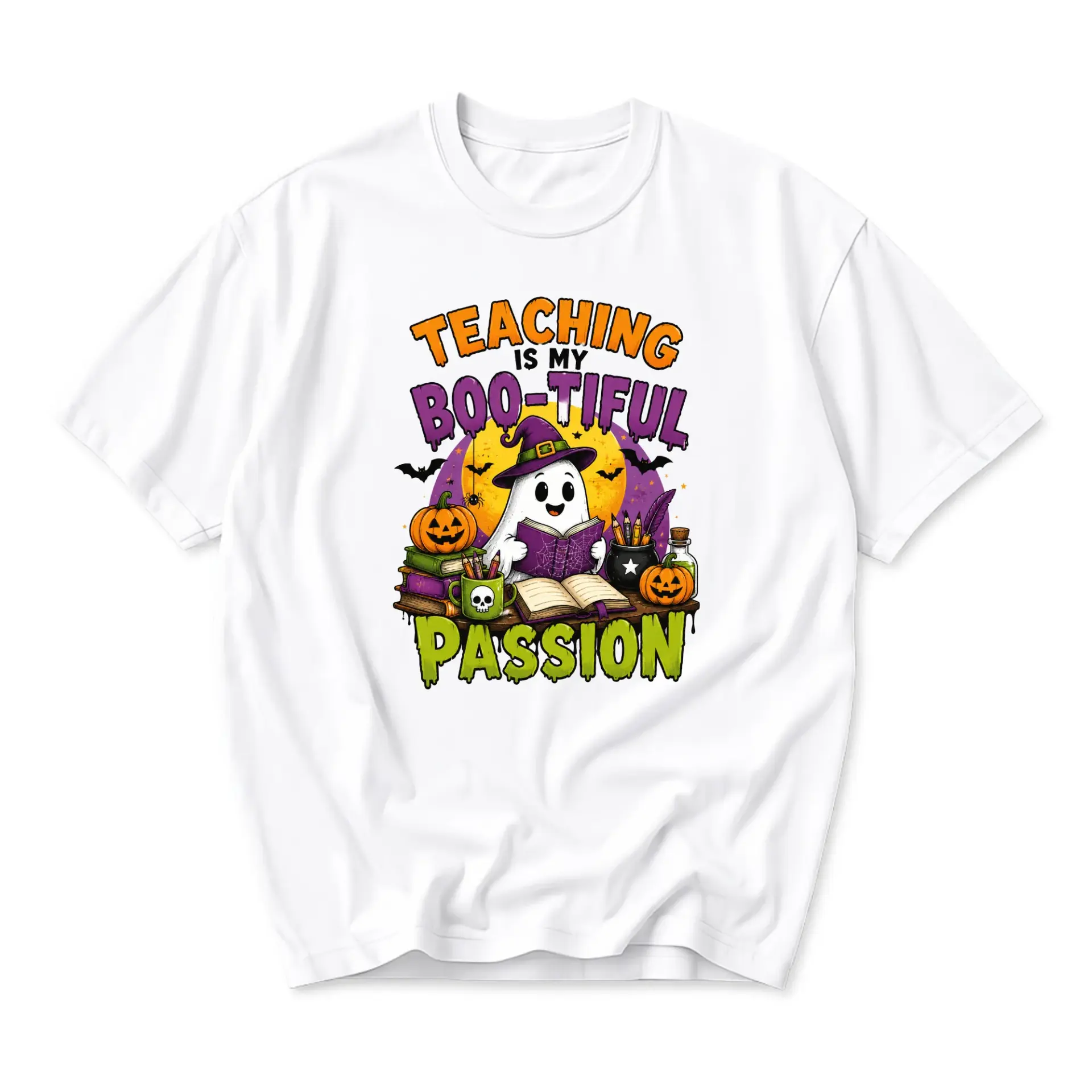 Funny Shirt Teaching Is My Boo-Tiful Passion Graphic Tee Unisex Crew Neck Halloween Themed Cotton Casual Top White