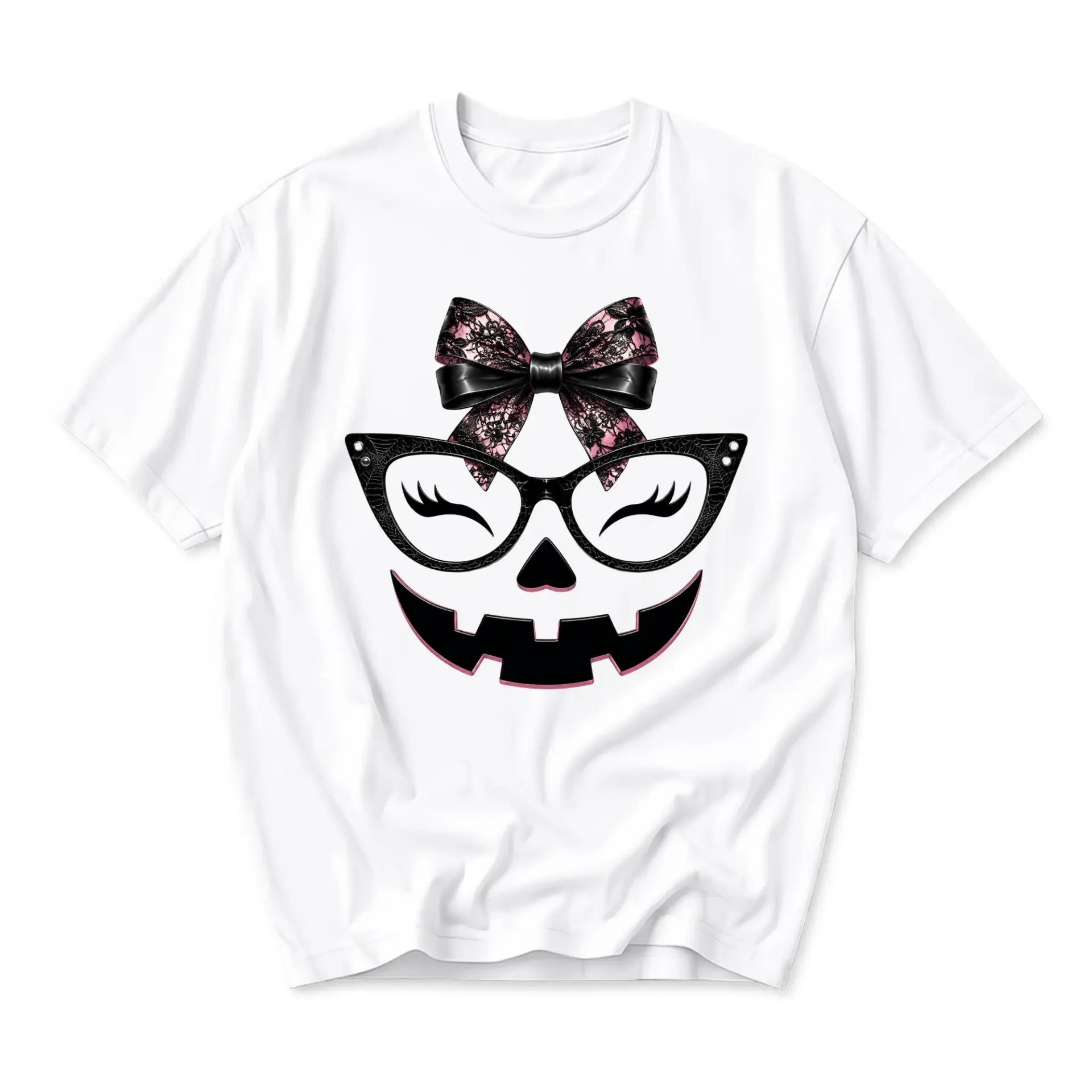 Graphic Tee Cute Halloween Pumpkin Face with Glasses and Lace Bow Unisex Casual Cotton Blend Short Sleeve Crewneck Shirt