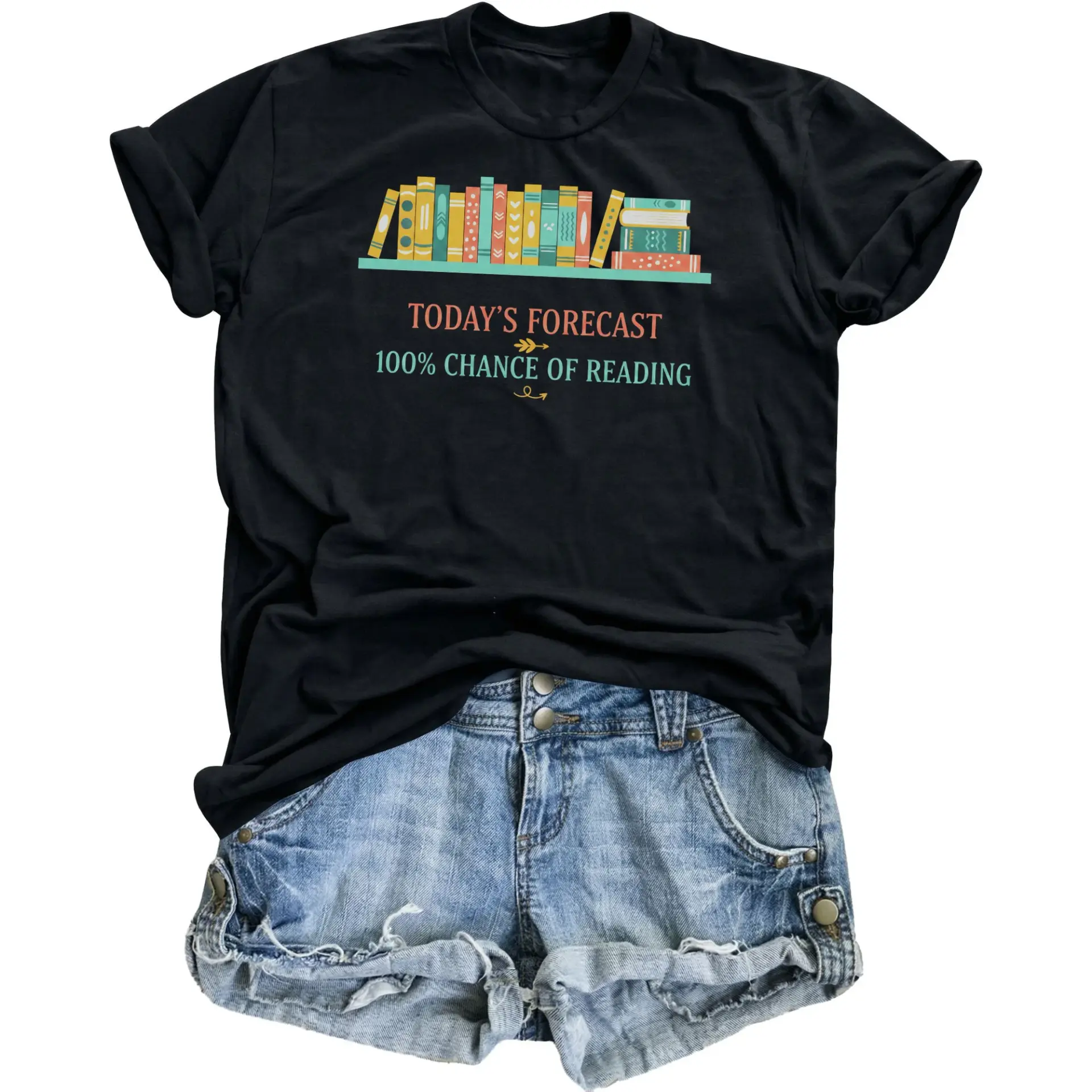 Graphic Tee Today's Forecast 100 Percent Chance of Reading Unisex Cotton Blend Crew Neck Short Sleeve Shirt