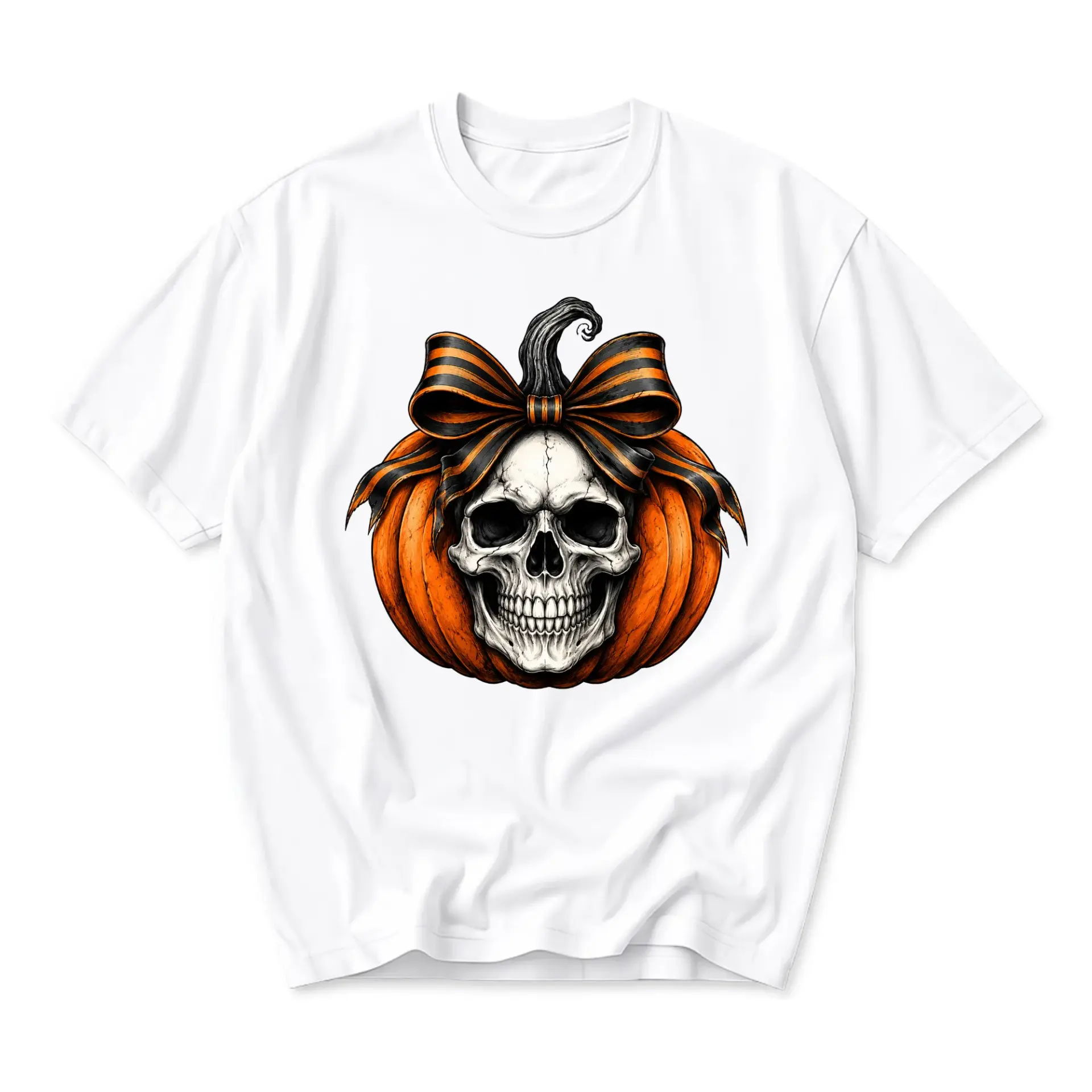 Graphic Tee Unisex Crew Neck Pumpkin Skull Shirt Featuring a Seasonal Decorative Bow for Everyday Casual Fall Apparel