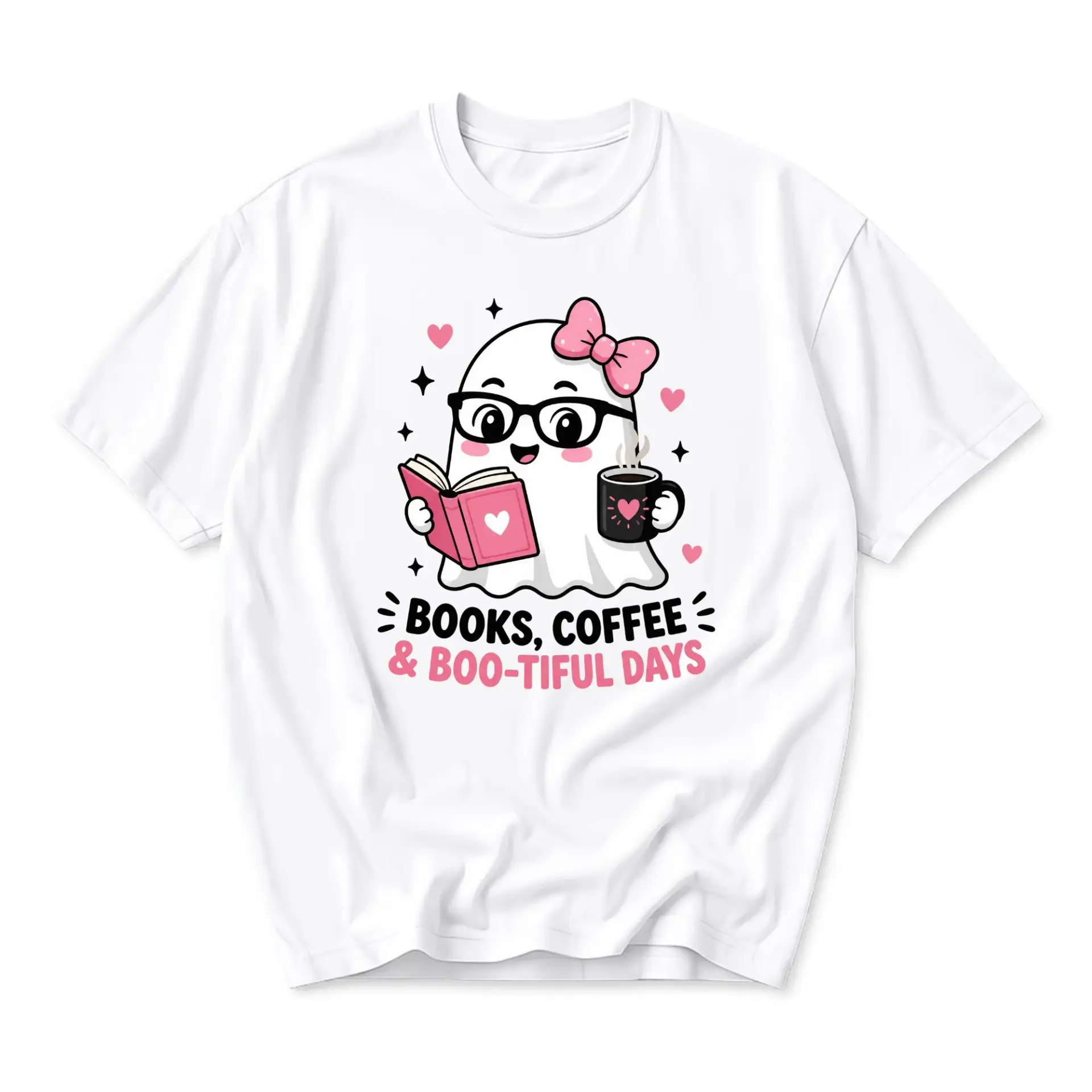 Graphic Tee Books Coffee and Boo-Tiful Days Cute Ghost Illustration Unisex Crew Neck Casual Everyday Printed T-Shirt
