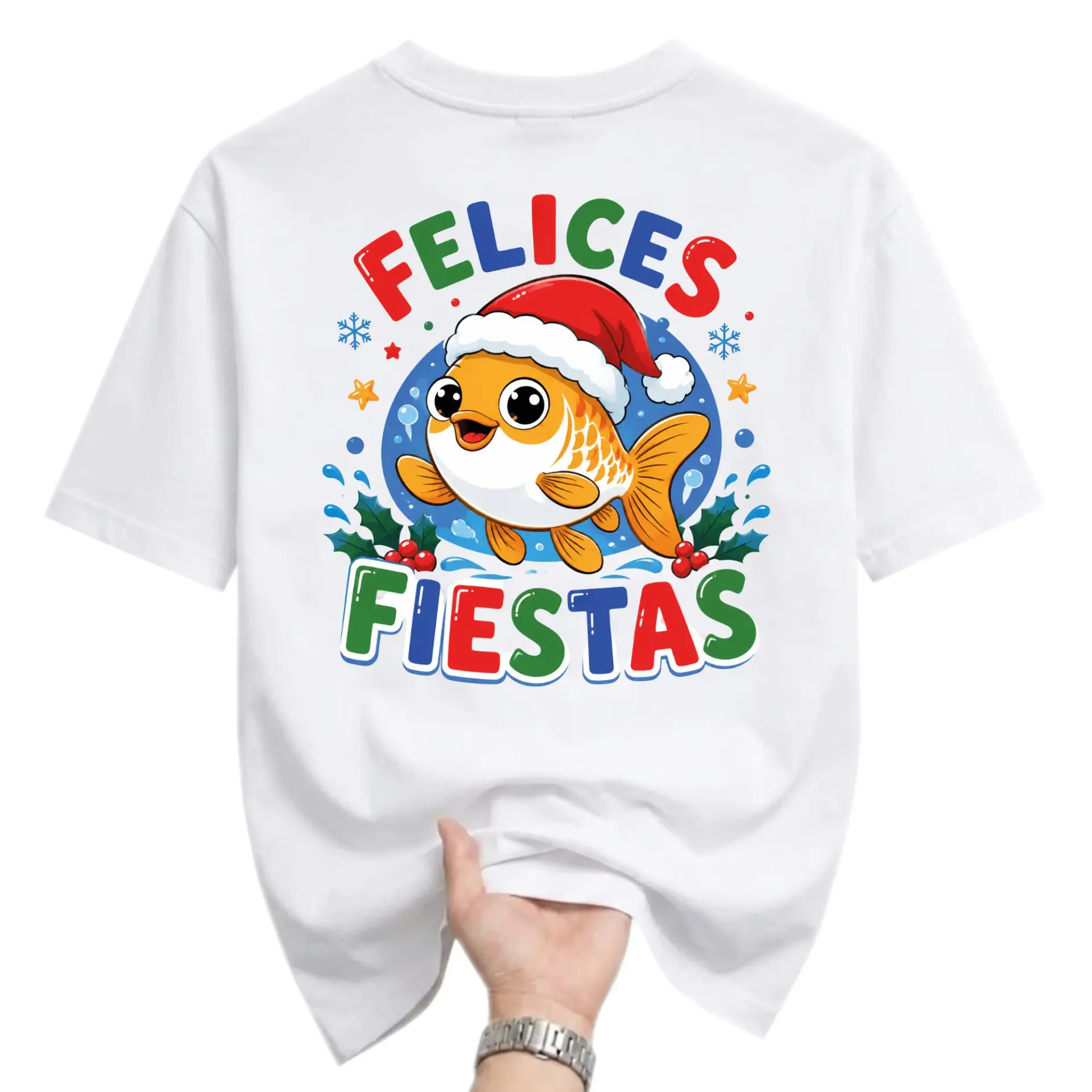 Funny Shirt Felices Fiestas Holiday Goldfish Graphic Tee Unisex Casual Crew