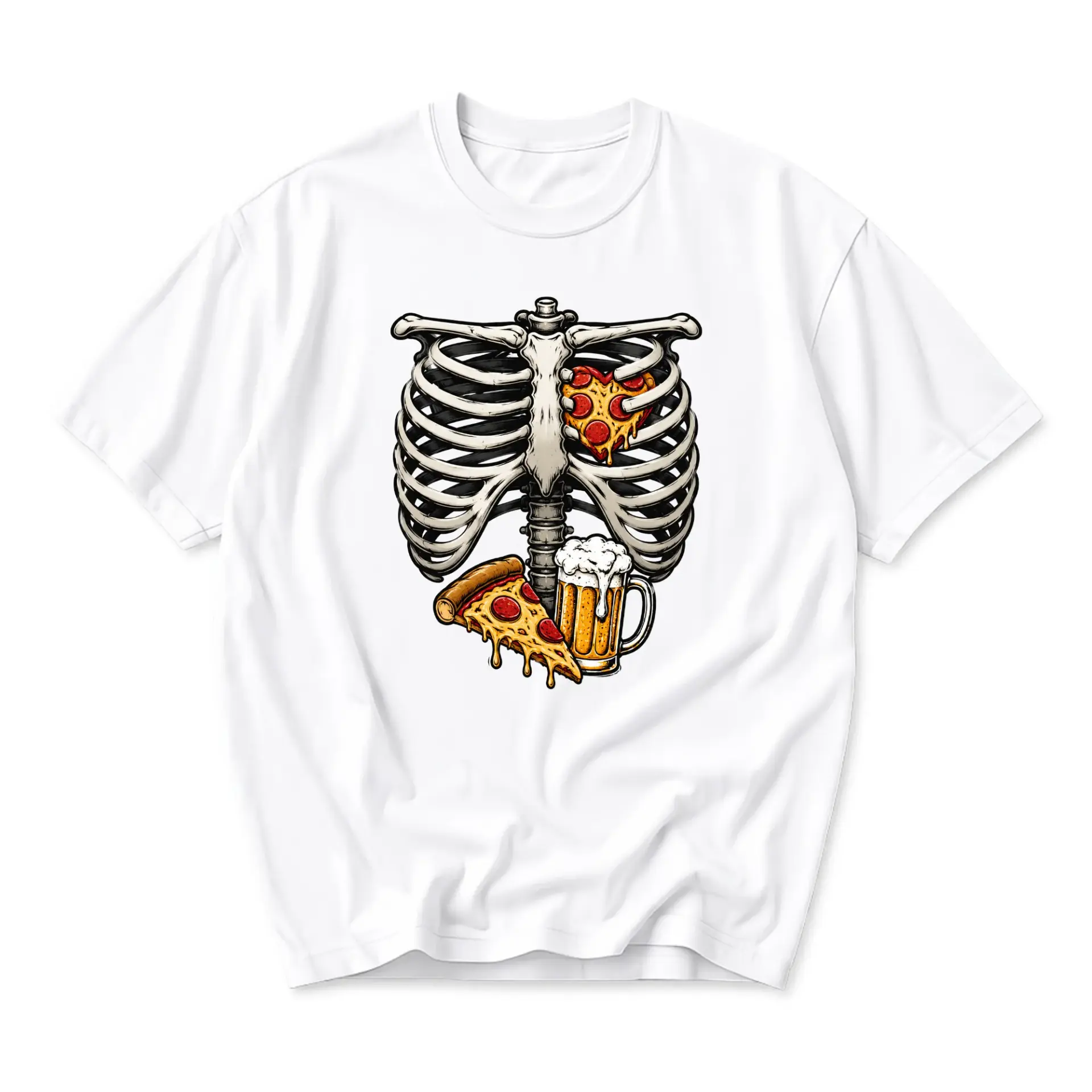 Graphic Tee Unisex Crew Neck T-Shirt Featuring Human Rib Cage Skeleton with Pizza and Beer Illustration Print