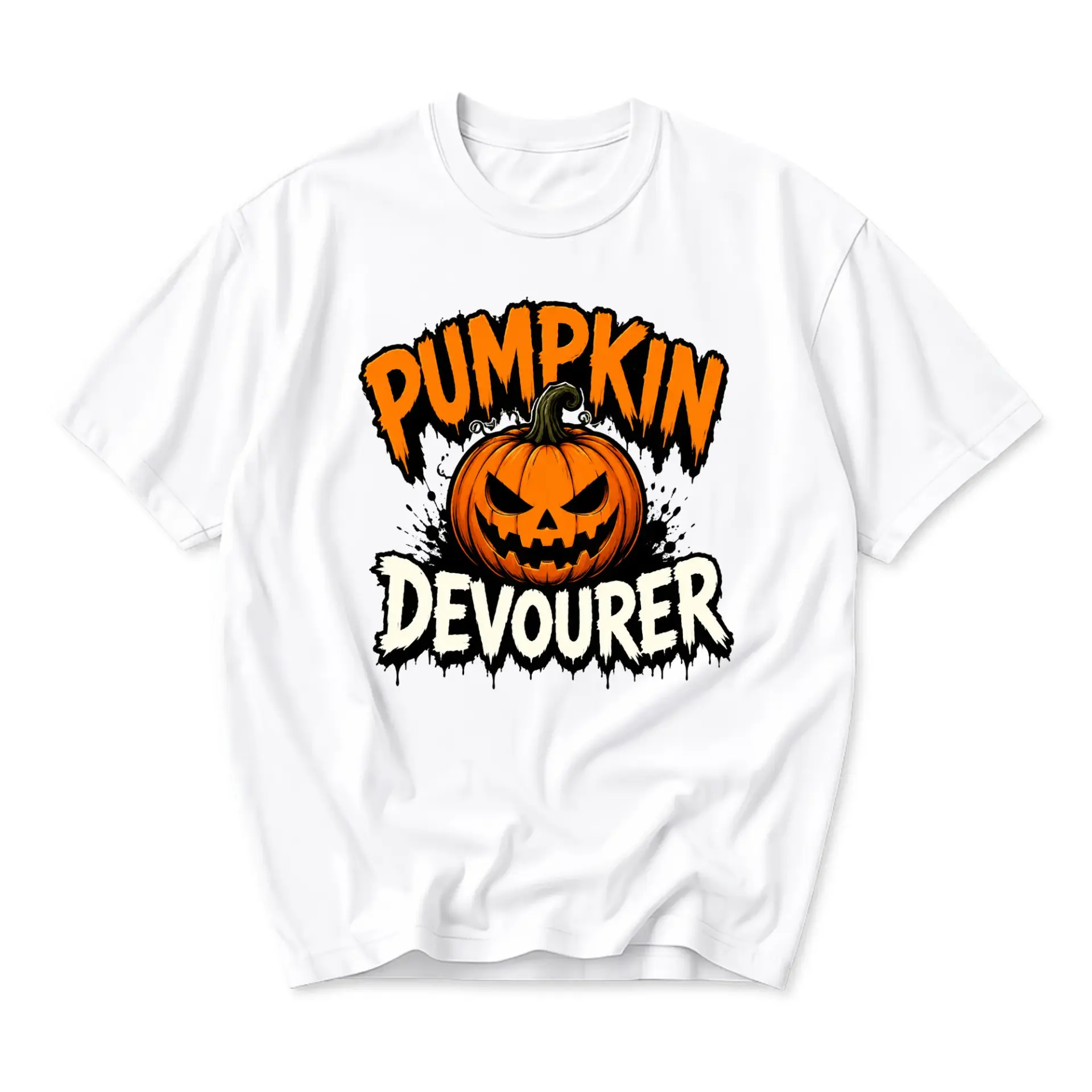Graphic Tee Pumpkin Devourer T-Shirt Spooky Seasonal Humor Unisex Crew Neck Everyday Casual Apparel White Shirt