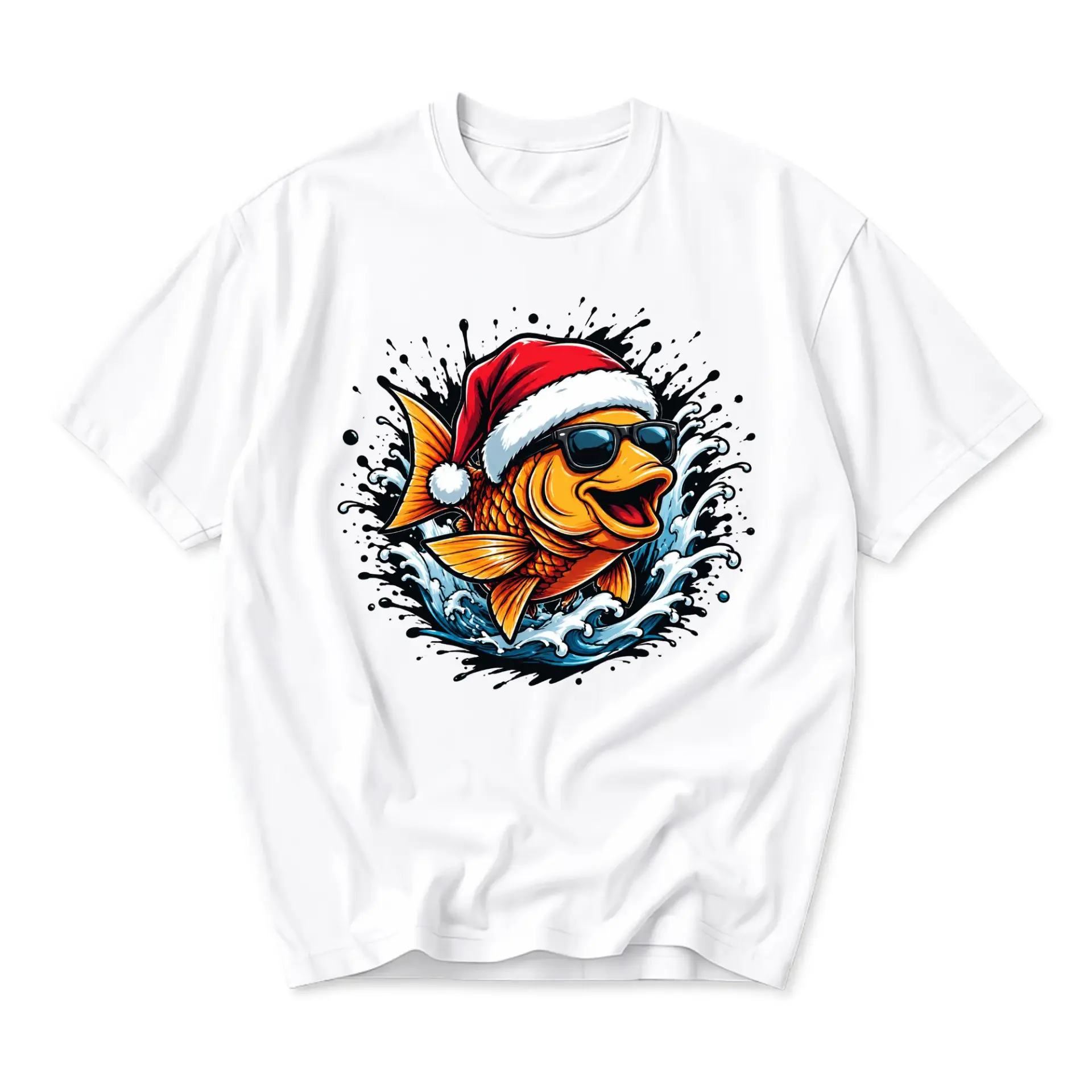 Funny Shirt Santa Fish Graphic Tee Cool Sunglasses Artistic Illustration Casual Unisex Crew Neck Short Sleeve Top