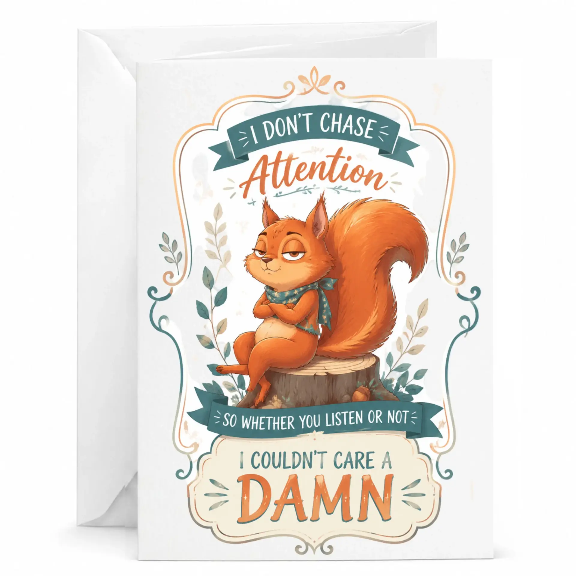Funny Squirrel Greeting Card I Dont Attention Sarcastic Animal for Friend Coworker Birthday 5x7 Inches