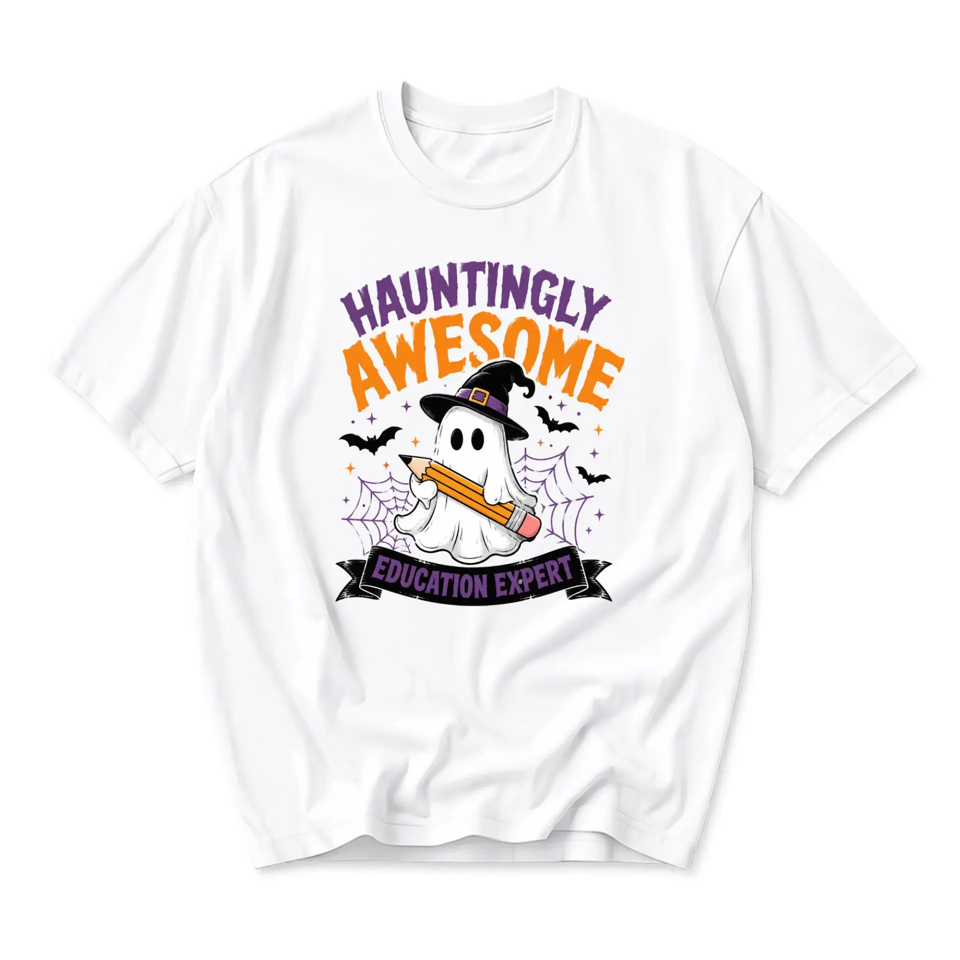Funny Shirt Hauntingly Awesome Education Expert Graphic Tee Casual Unisex Crew Neck Top for Teachers and Educators