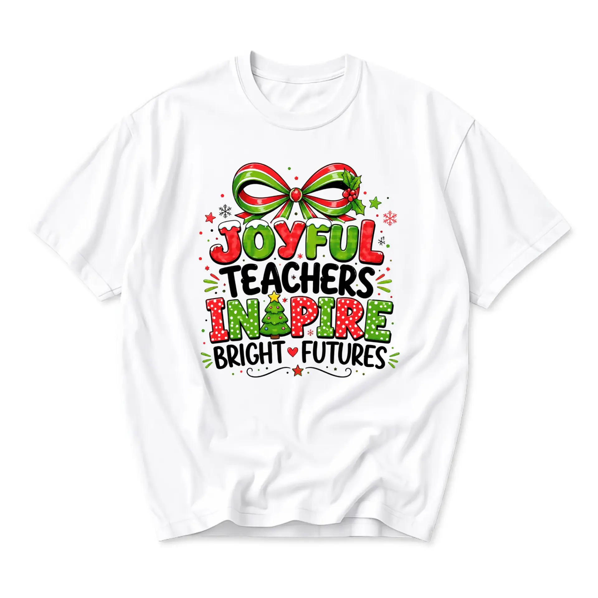 Graphic Tee Joyful Teachers Inspire Bright Futures Christmas Holiday Short Sleeve Unisex Crew Neck Cotton Shirt