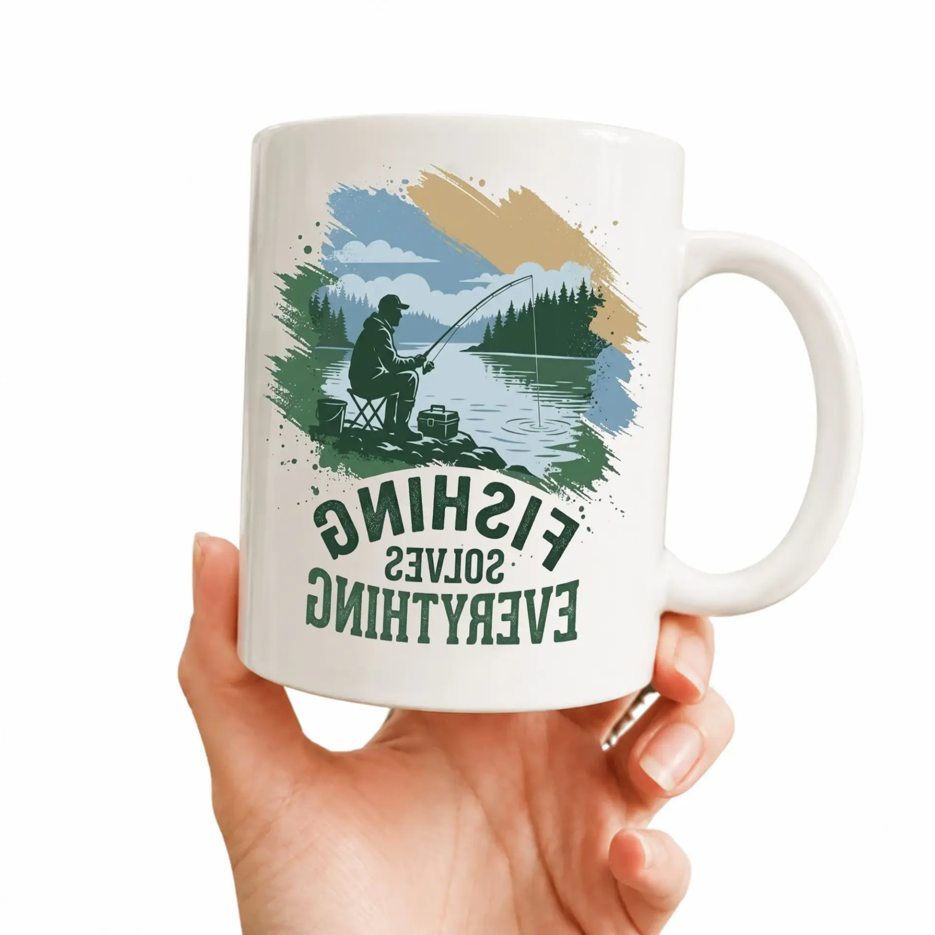 Fishing Solves Everything Two Ceramic Mug for Anglers Funny Outdoor Hobby Coffee Cup with Bright Blue Handle