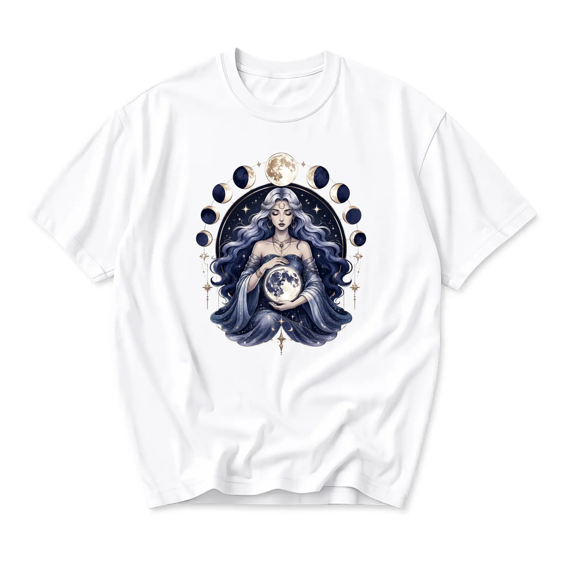 Graphic Tee Celestial Moon Goddess Print Unisex Crew Neck Casual Cotton Blend Short Sleeve Shirt for Everyday Comfort