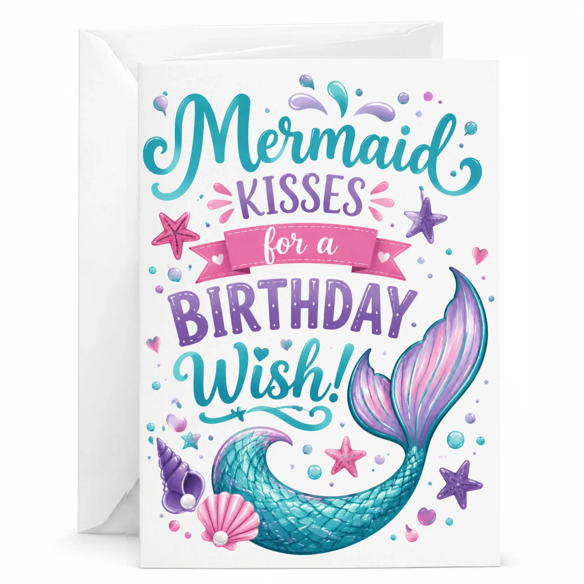 Birthday Card Mermaid for a Nautical Theme Greeting with Matching White Envelope