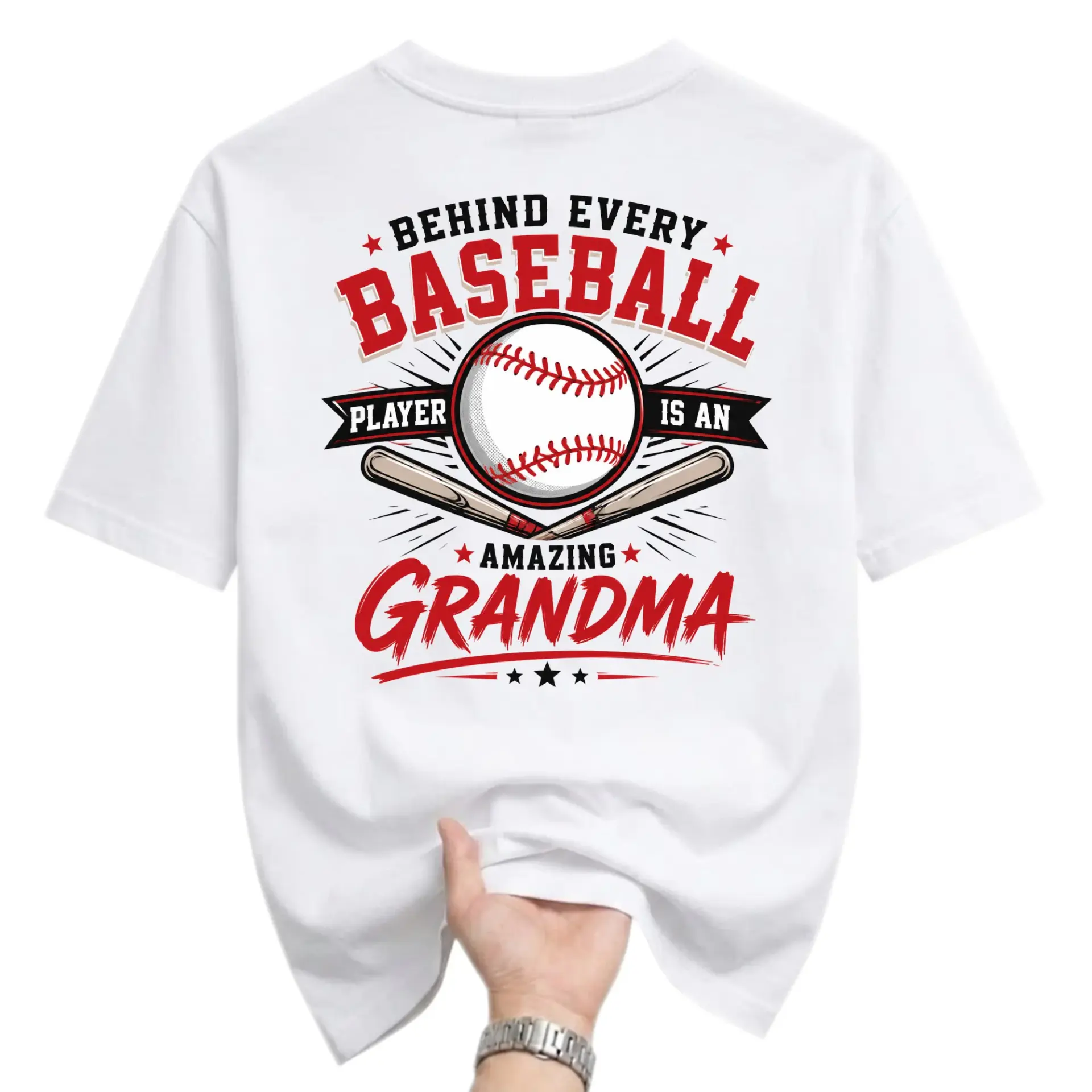 Funny Shirt Behind Every Baseball Player Is an Amazing Grandma Graphic Tee Unisex Casual Crew Neck Apparel White