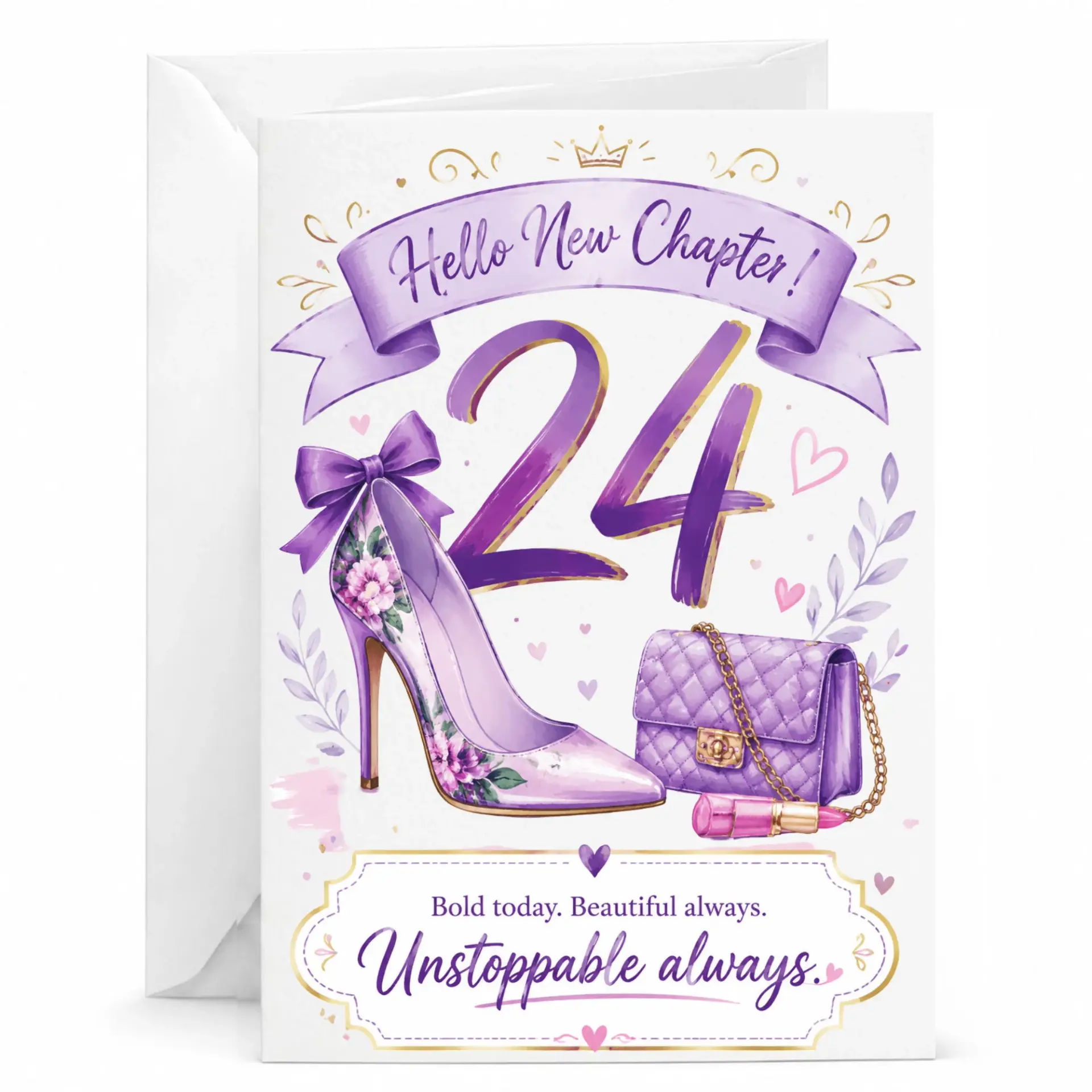 Greeting Card for 24th Birthday Elegant Purple Stiletto Heels and Handbag Design Stylish Milestone Celebration Card