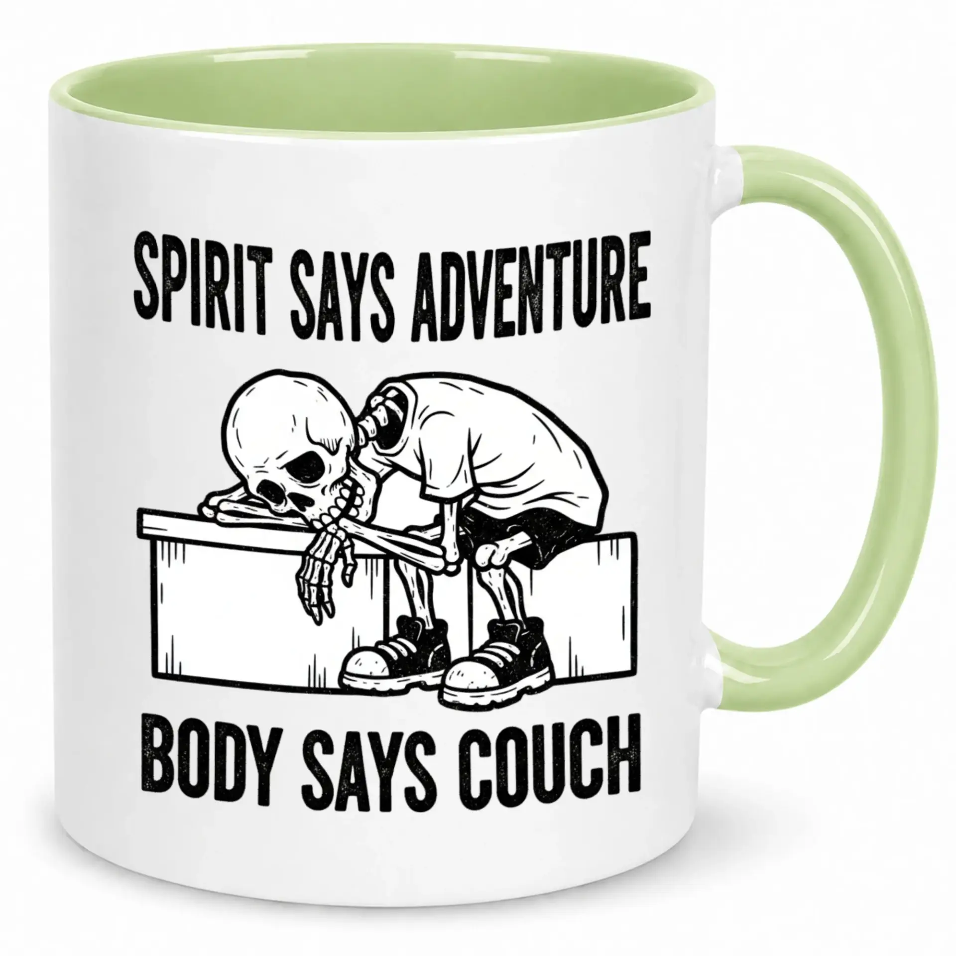 Funny Skeleton Coffee Mug for Work & Home Humorous Ceramic Beverage with Adventure & Couch Saying Unique Gift Introverts