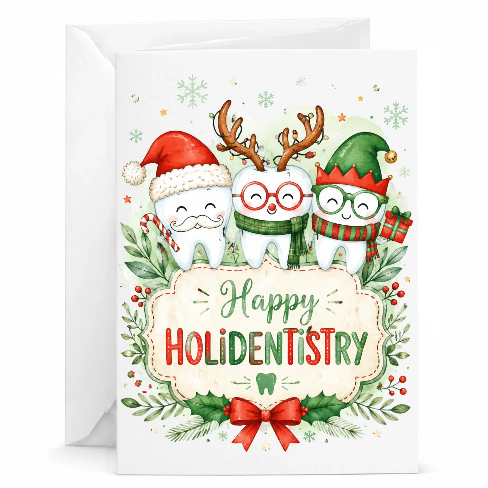 Funny Holiday Greeting Card Happy Holidentistry Pun Dental Professional Festive Season Card with Matching White Envelope