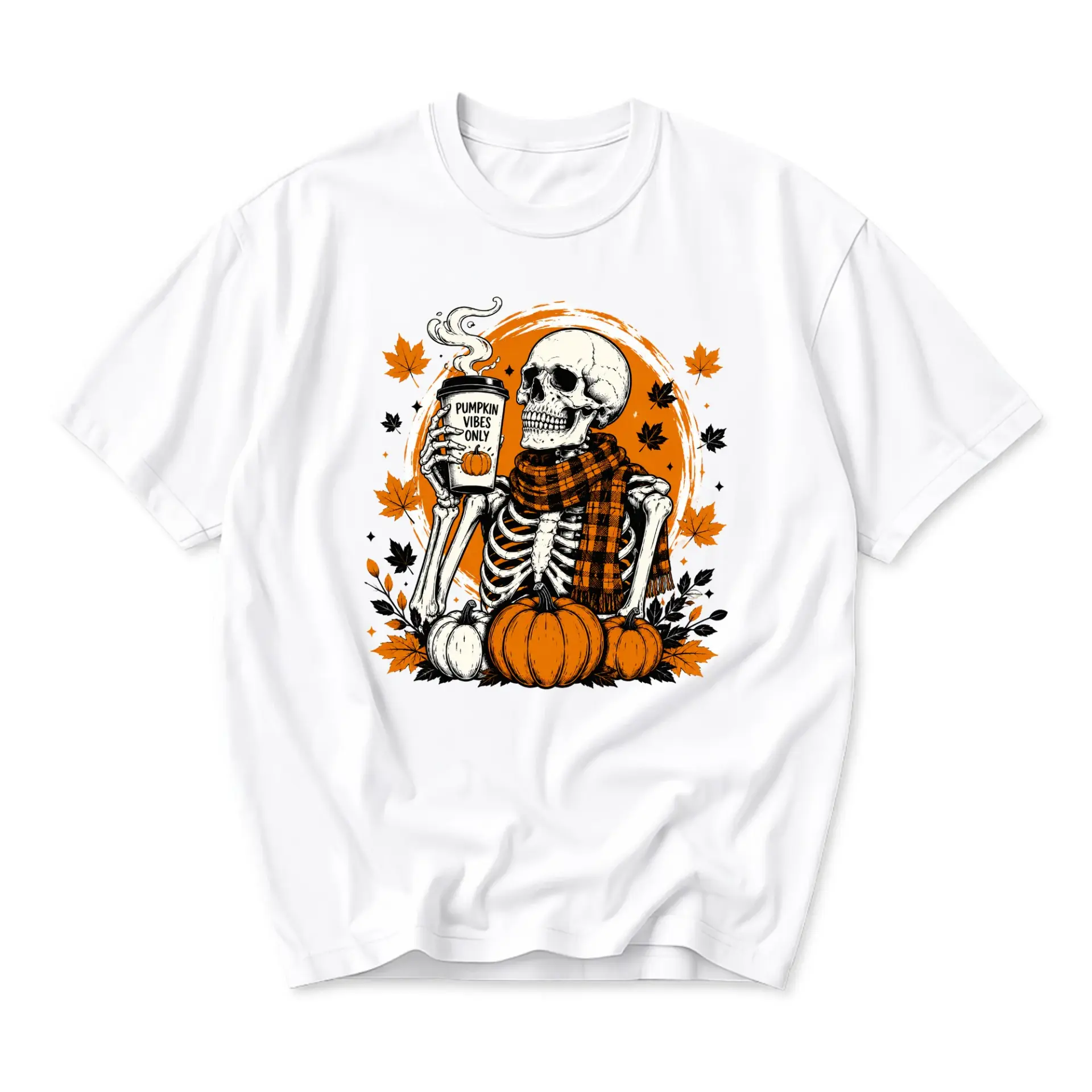 Graphic Tee Unisex Crew Neck T-Shirt Featuring Skeleton Holding Pumpkin Spice Latte Design for Fall Autumn Seasonal Wear