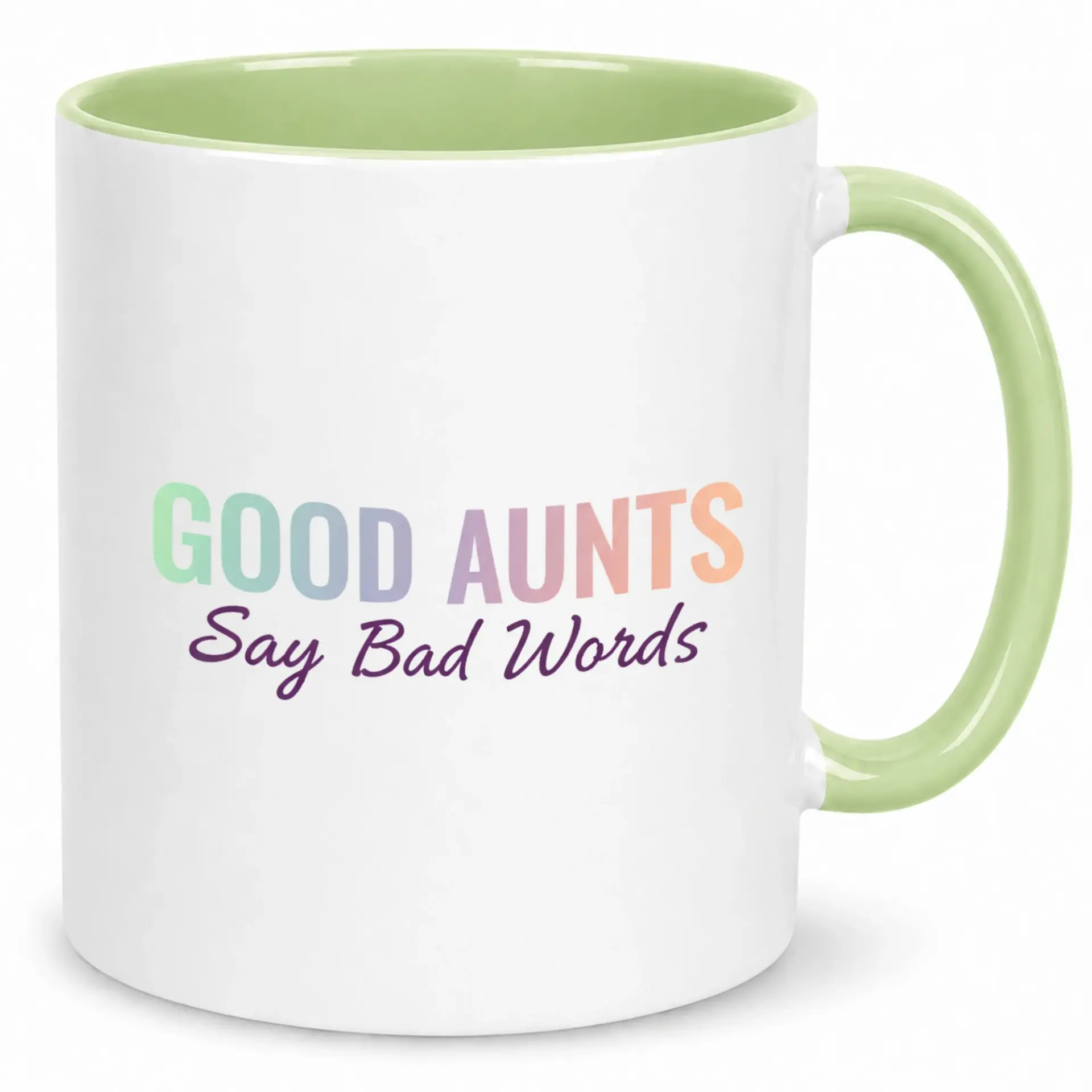 Funny Coffee Mug for Aunts Humorous White Ceramic Tea Cup with Green Handle Unique Gift Good Who Say Bad Words