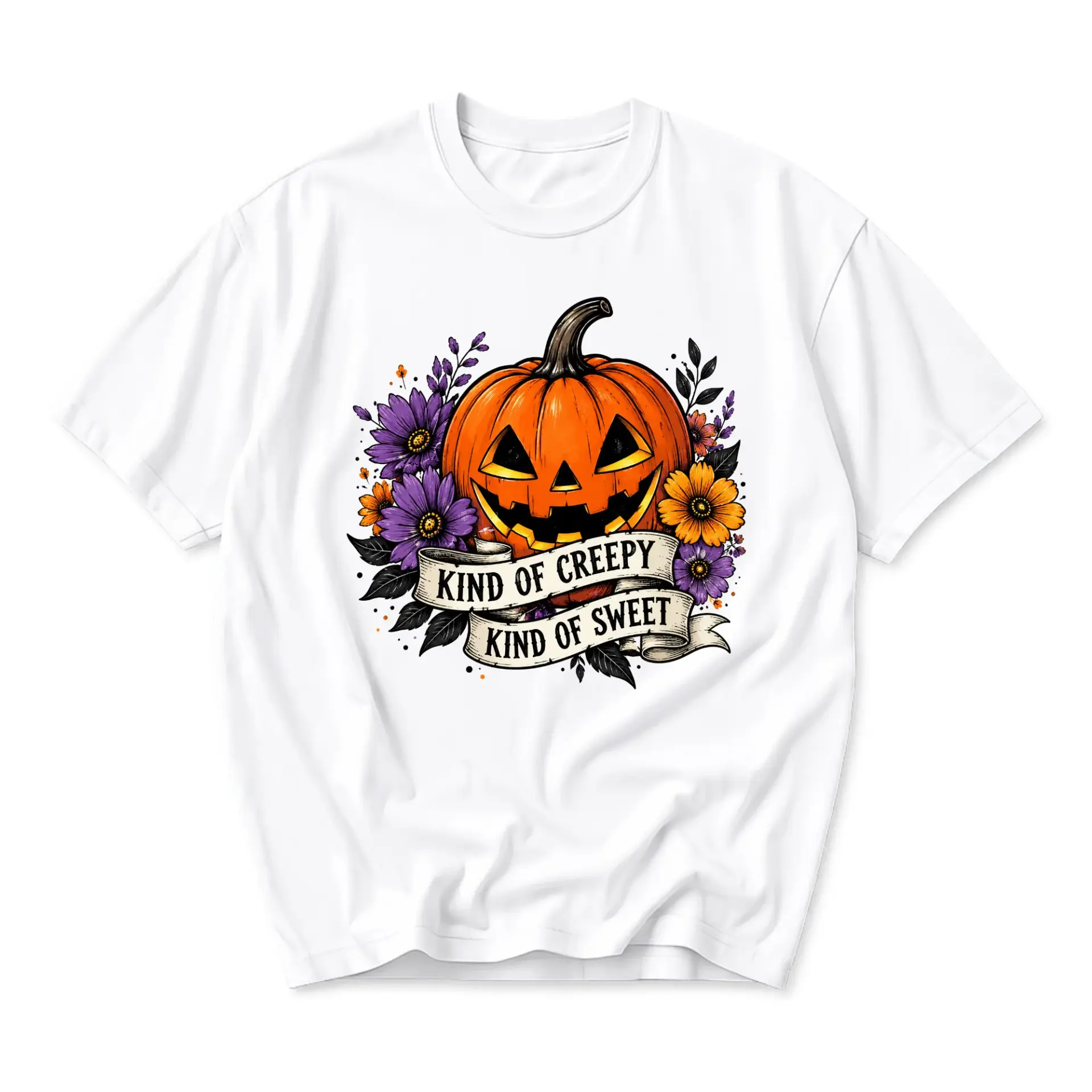 Funny Shirt Kind of Creepy Kind of Sweet Pumpkin Graphic Tee Seasonal Floral Halloween Style Unisex Cotton Apparel
