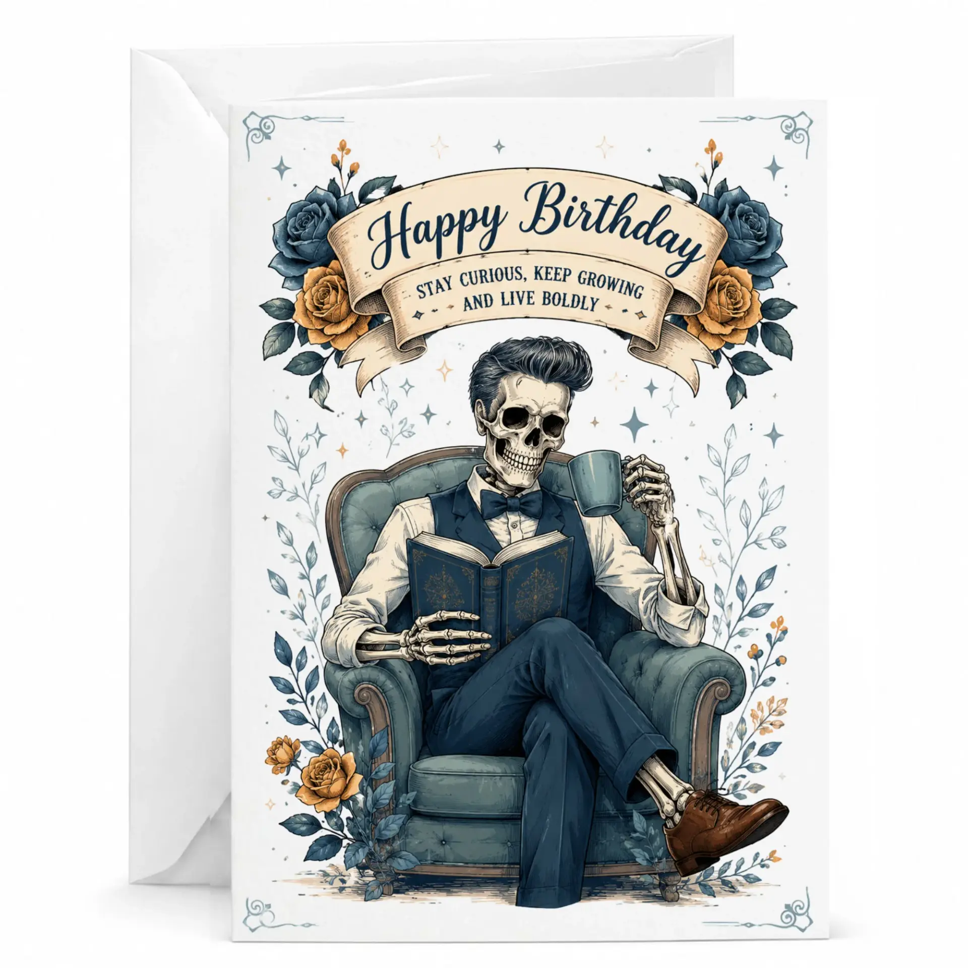 Birthday Card Skeleton Reading Book Vintage Floral Design Inspirational
