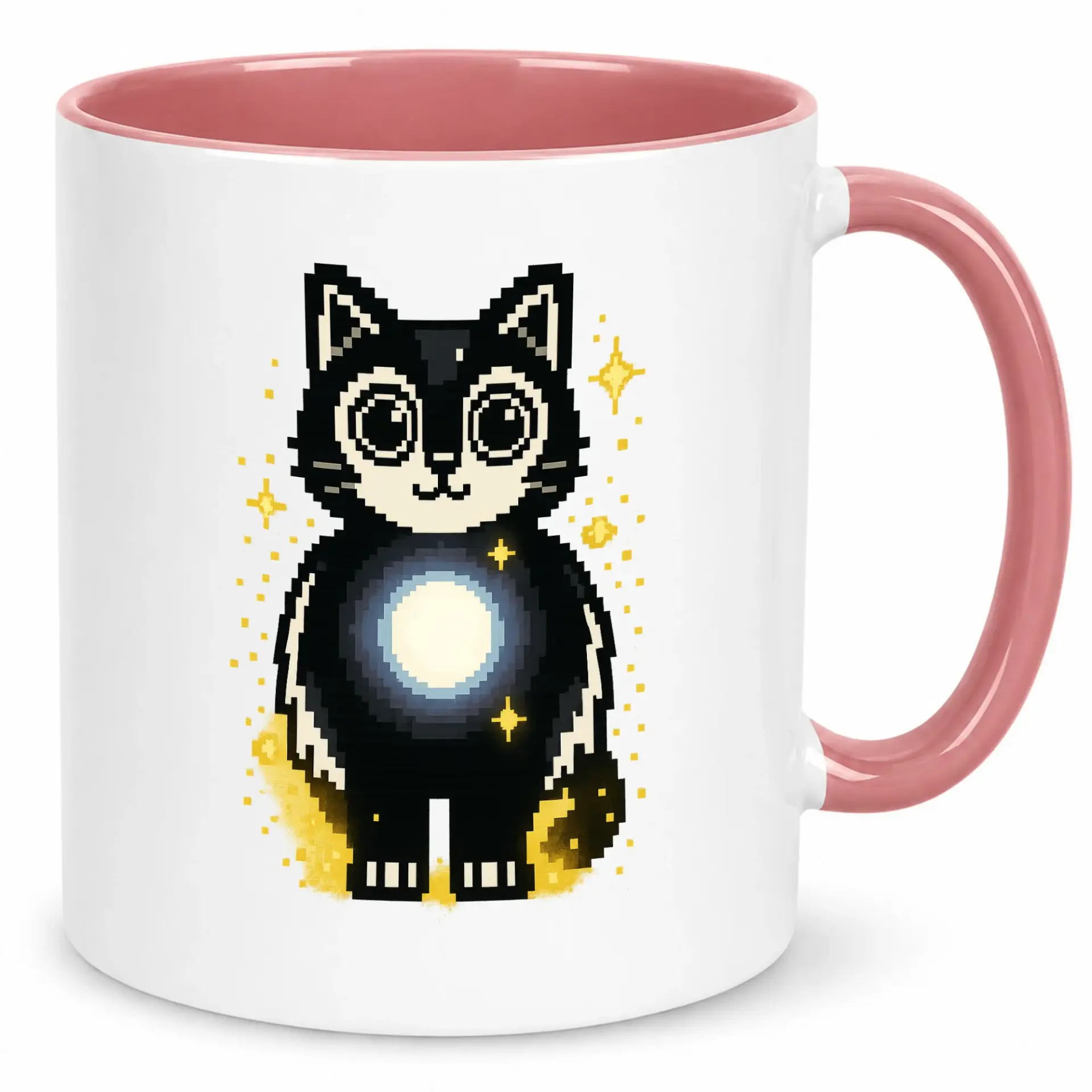 Pixel Art Cat Coffee Mug with Glowing Orb Design, Cute Black Feline Kitty Ceramic Tea Cup, Unique Galaxy Animal Lover Beverage Drinkware Gift