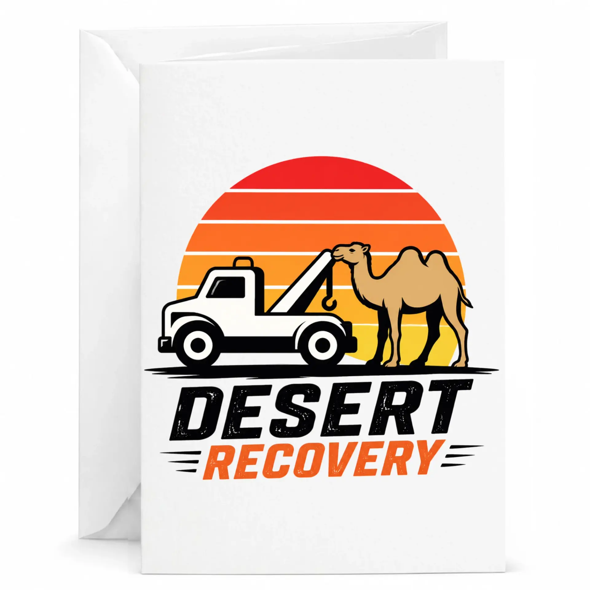 Funny Desert Recovery Greeting Card Featuring Tow Truck and Camel Illustration for Humor Enthusiasts and Friends