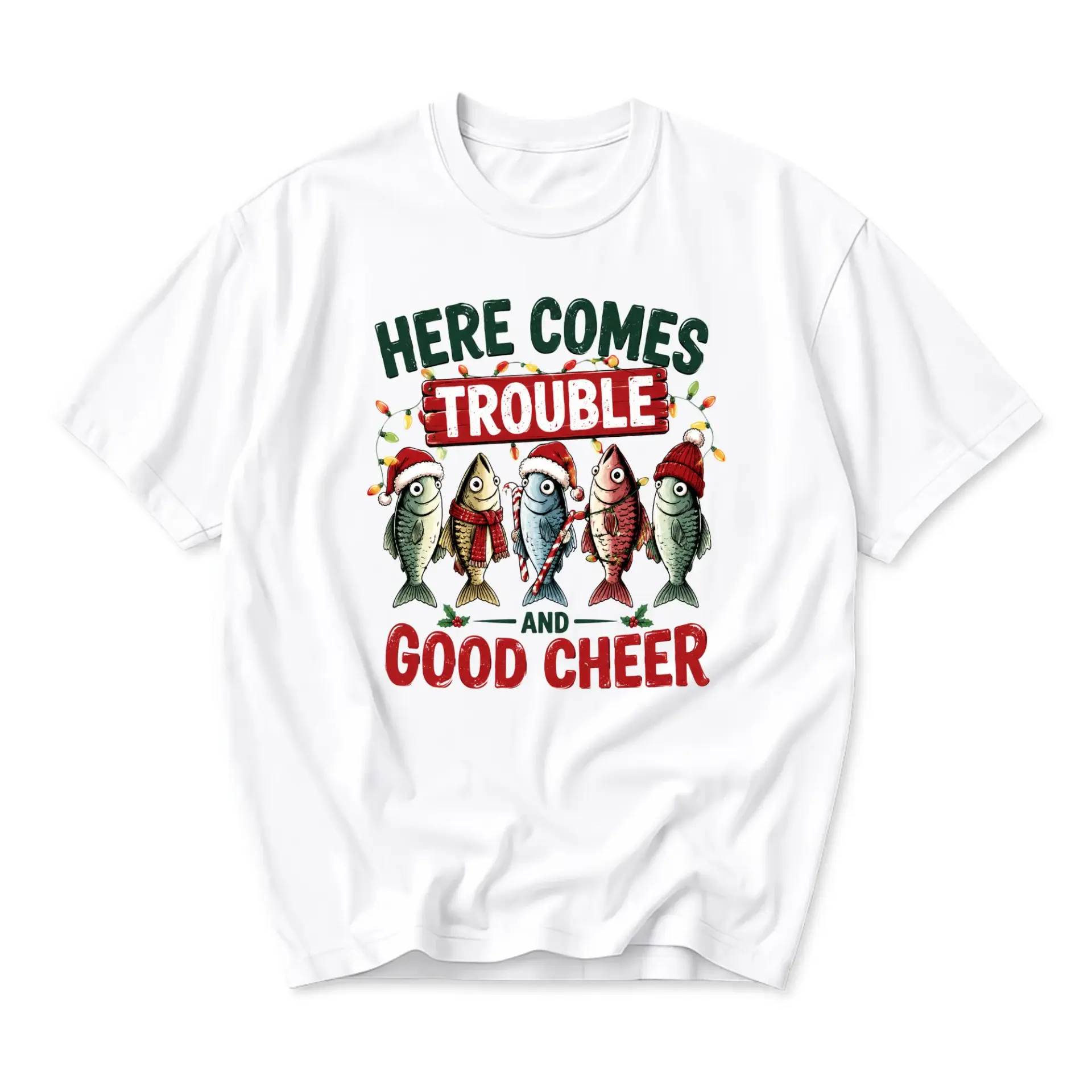 Funny Shirt Here Comes and Good Cheer Fish Graphic Tee Festive Holiday Unisex Casual Crew Neck Apparel
