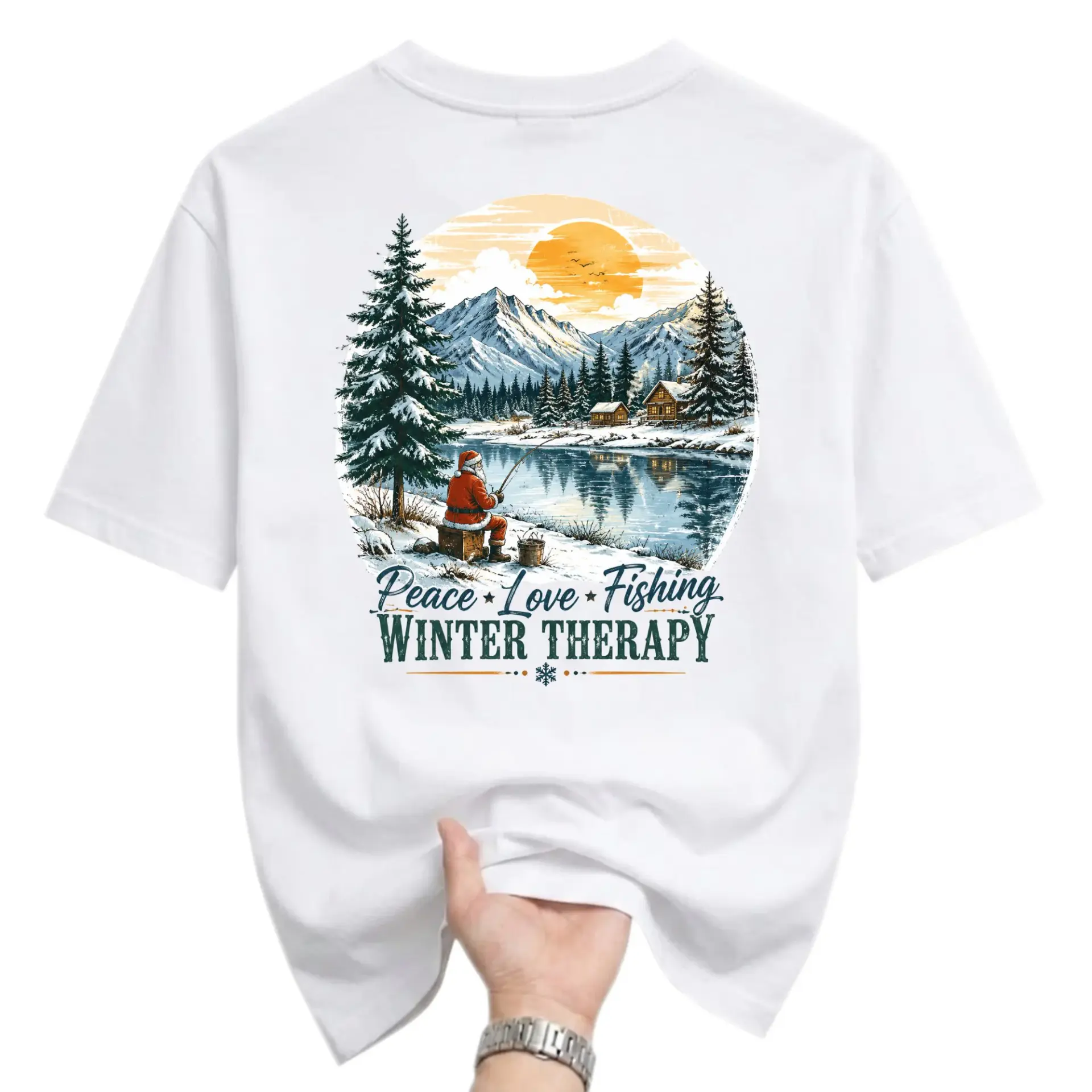 Funny Shirt Peace Love Fishing Therapy Graphic Printed Unisex Crew Neck
