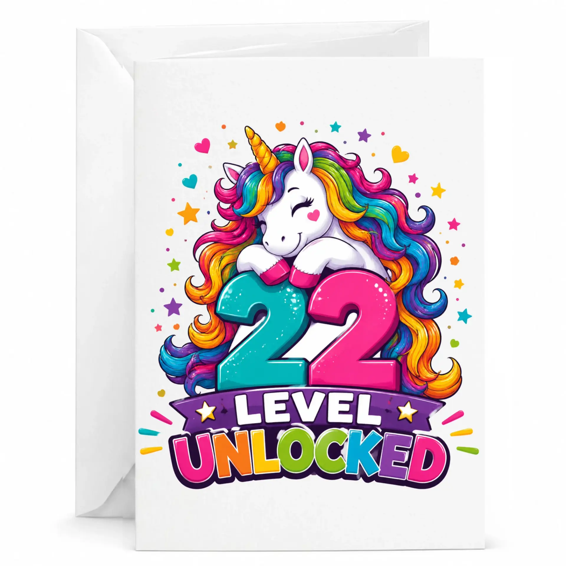 Birthday Card 22 Level Unlocked Funny Unicorn Theme Greeting Card for Twenty Second Birthday Celebration Party Gift