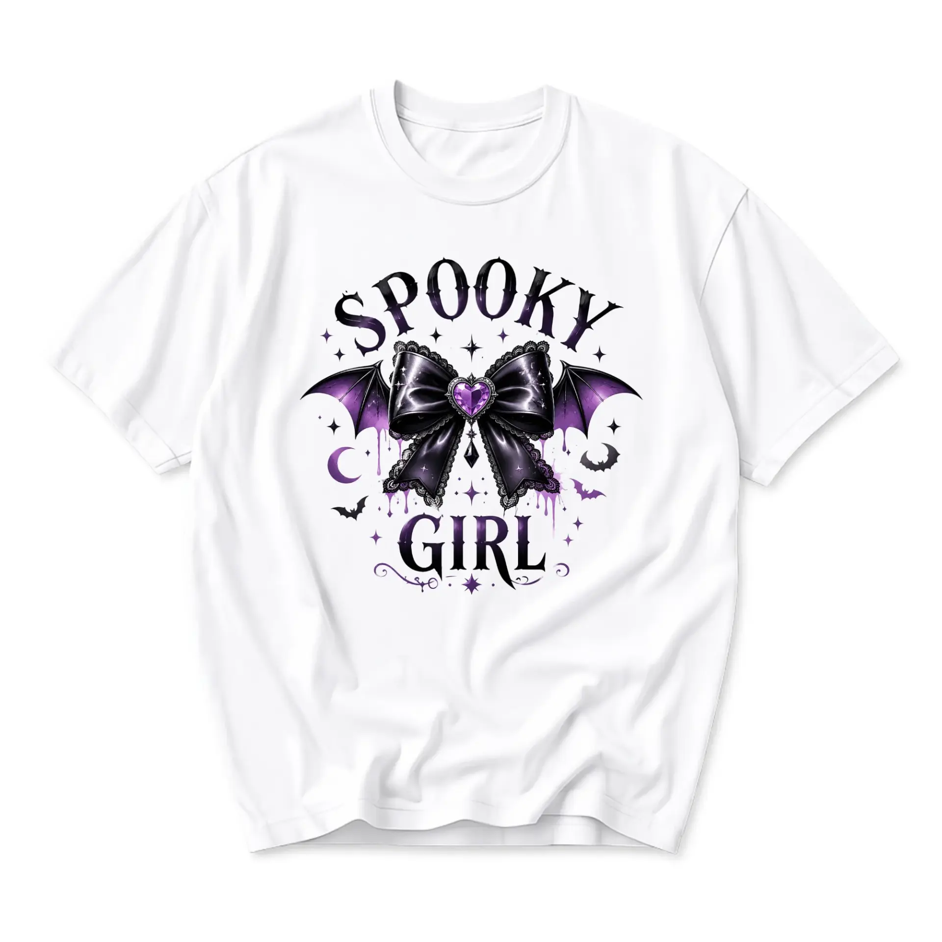 T-shirt Spooky Girl Graphic Tee Featuring a Bat Wing Bow Illustration with Purple Gemstone Detail on a White Cotton Base