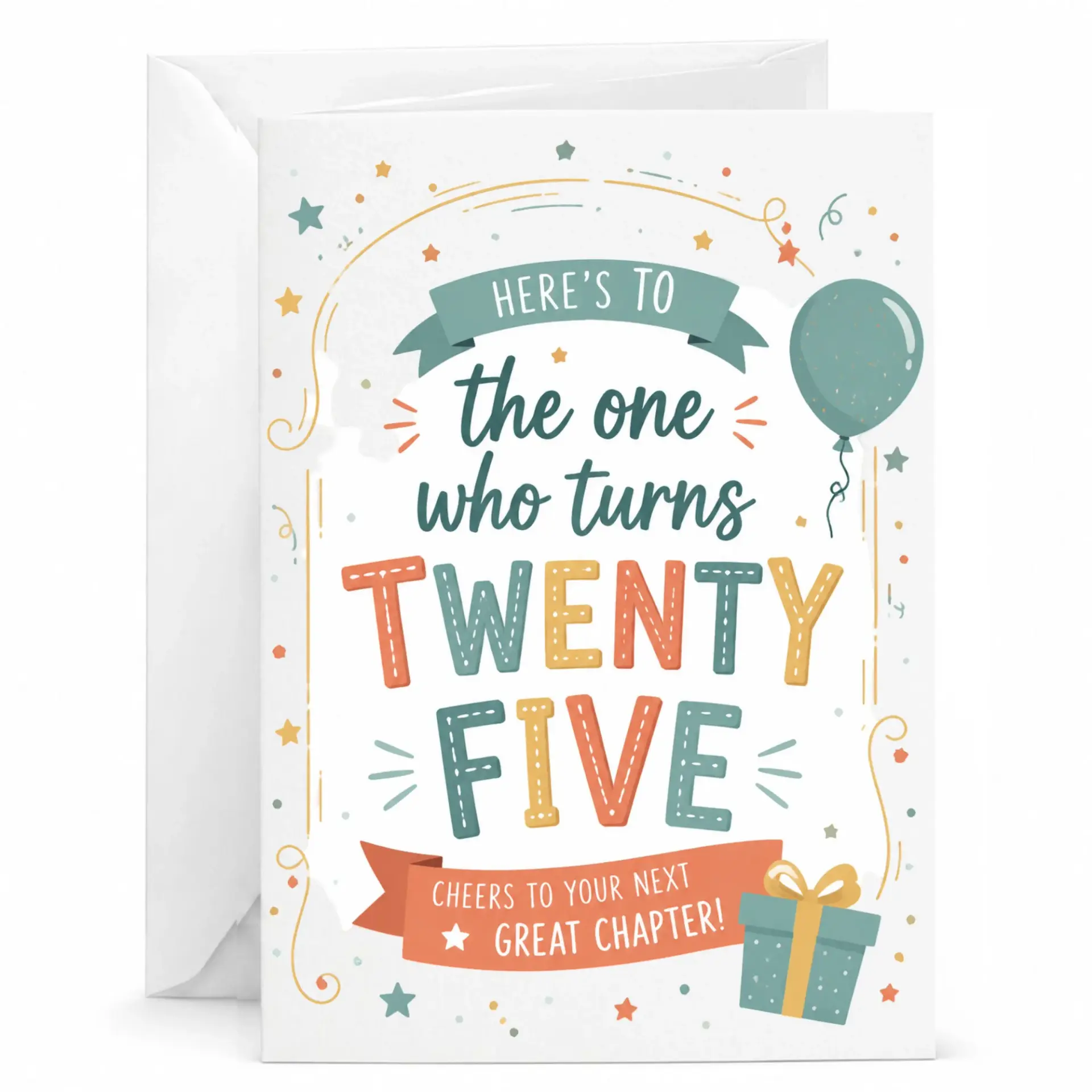 Birthday Card for Twenty Fifth Birthday Celebration with Festive Balloon and Gift Design 5x7 Inches Folded