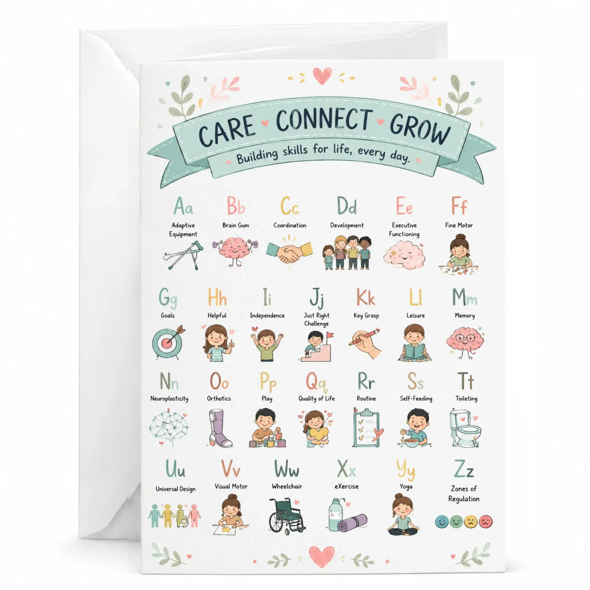 Greeting Card Care Connect Grow Alphabet Theme Professional Illustration Printed Stationery for Personal Messages