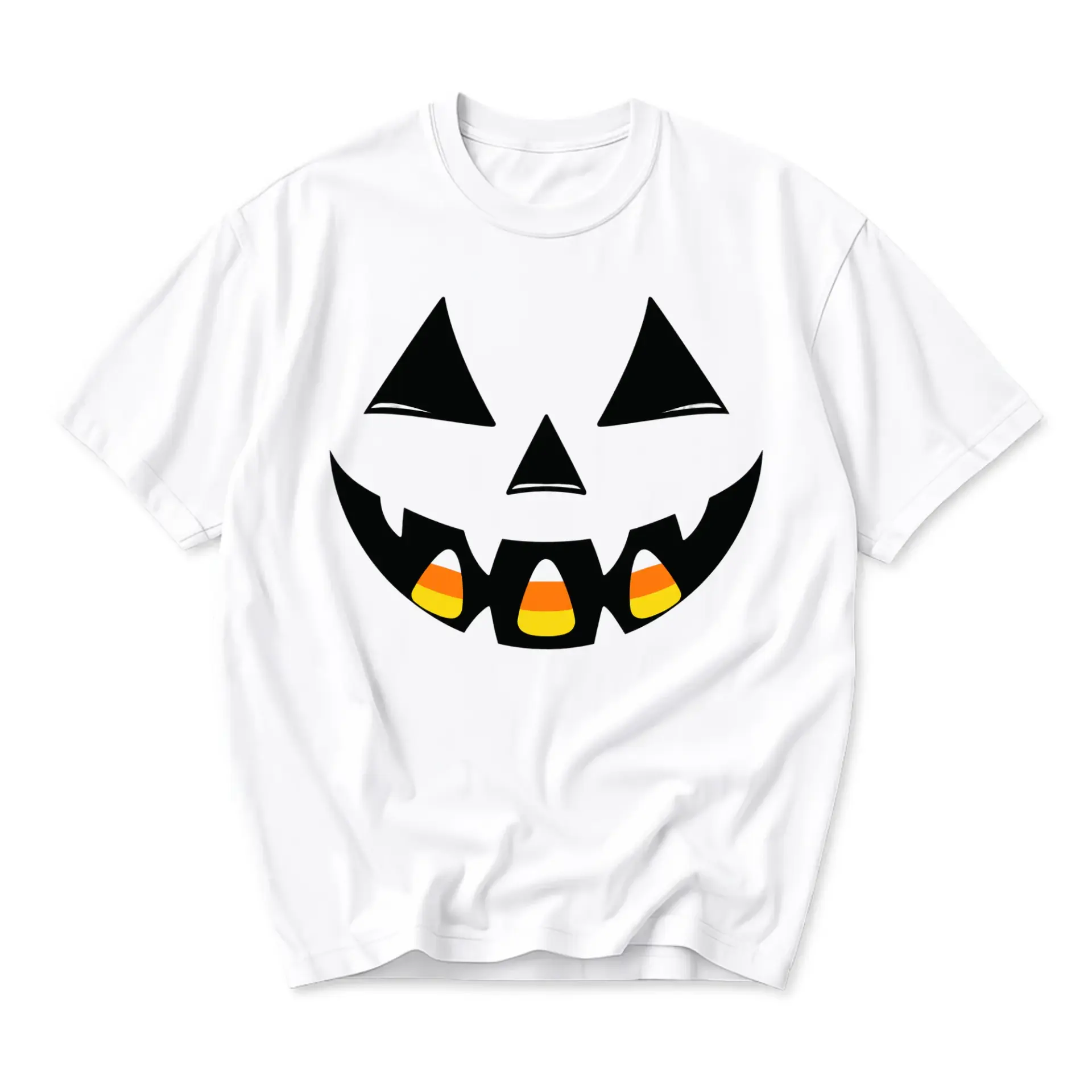 Graphic Tee Unisex Fall Holiday Pumpkin Face Shirt Featuring Candy Corn Teeth Design for Casual Seasonal Apparel