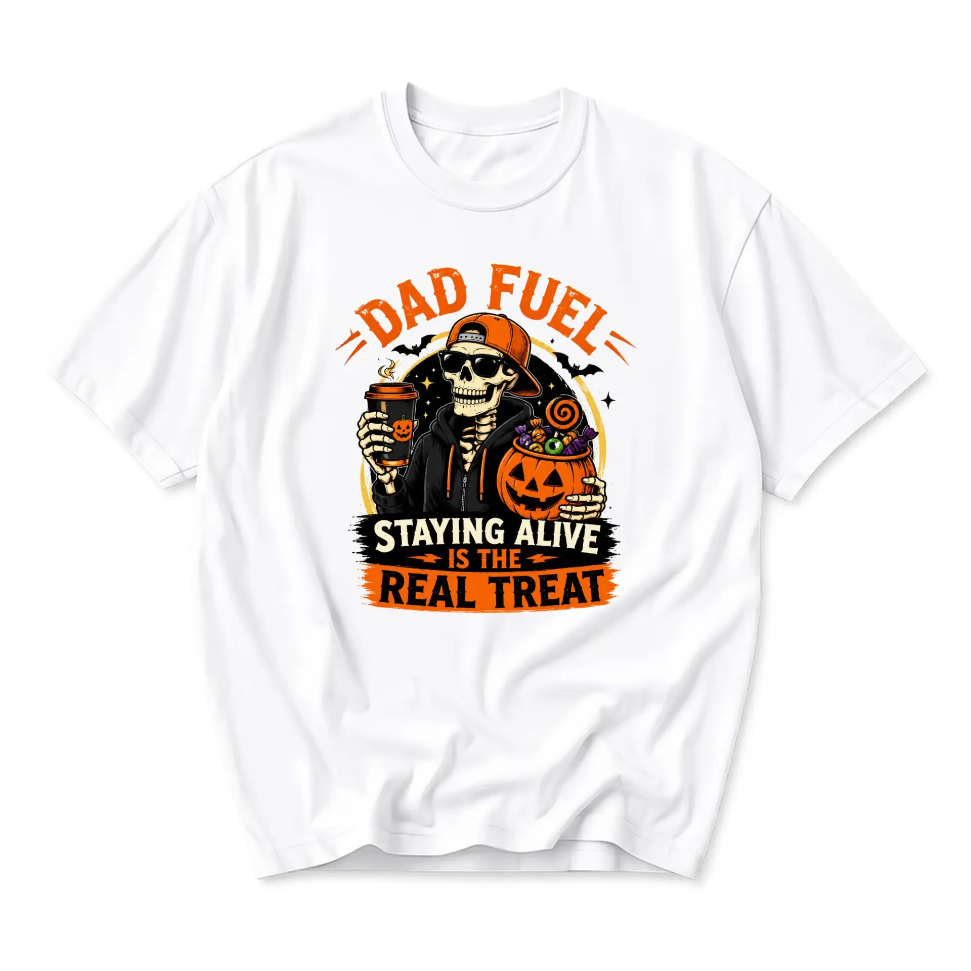 Funny Shirt Dad Fuel Halloween Graphic Tee Seasonal Skeleton Design Unisex Crew Neck Soft Cotton Everyday Apparel