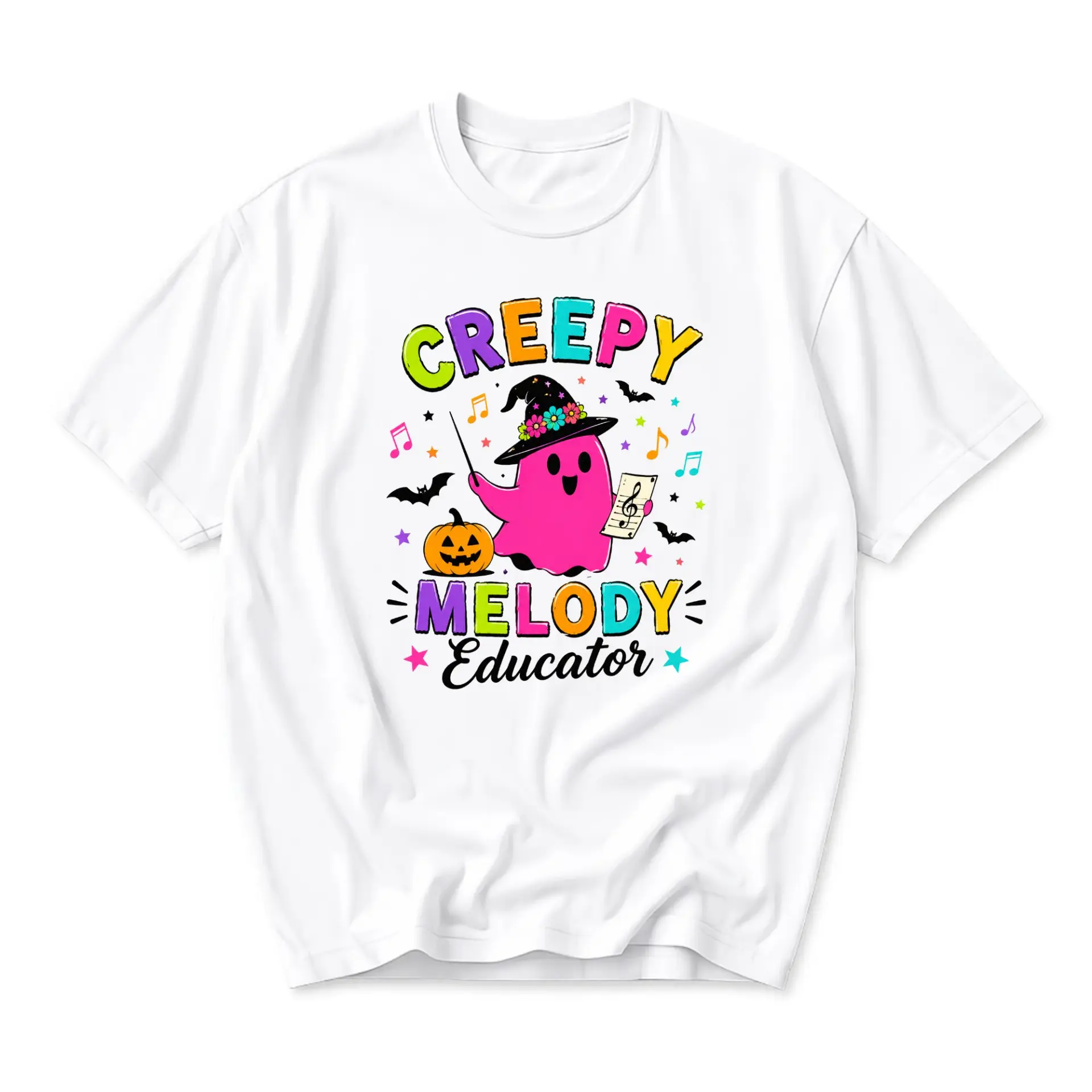 Funny Shirt Creepy Melody Educator Halloween Music Teacher Graphic Tee Casual Unisex Crew Neck Apparel for Fall Season