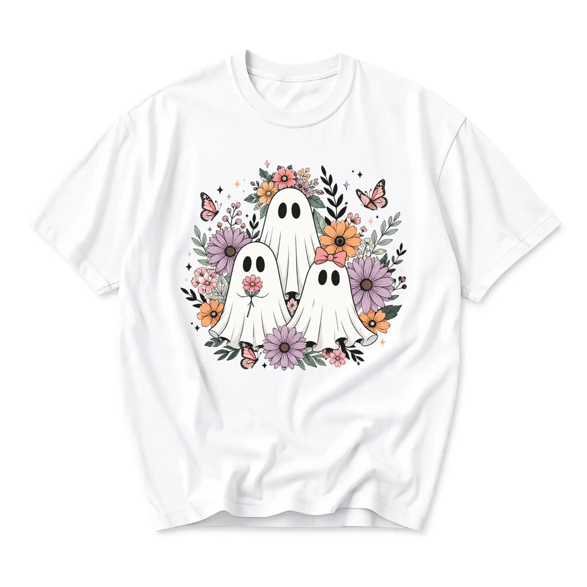 Graphic Tee Unisex Crew Neck T-Shirt Featuring Whimsical Ghost Trio Surrounded by Colorful Floral Illustration