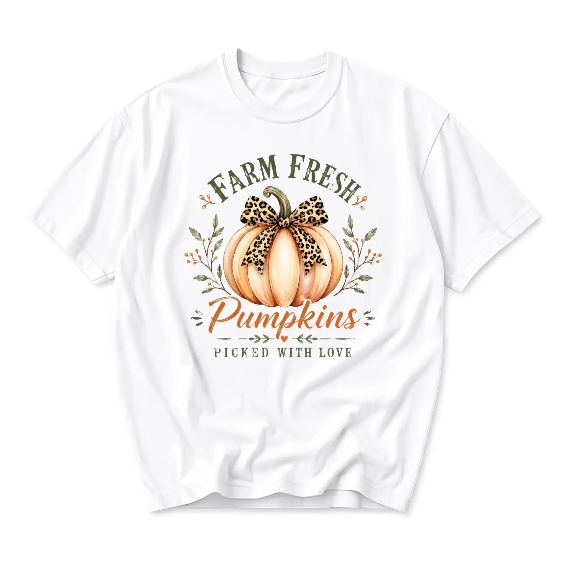 Graphic Tee Farm Fresh Pumpkins Shirt with Leopard Print Bow Autumn Fall Season Casual Unisex Crew Neck Top