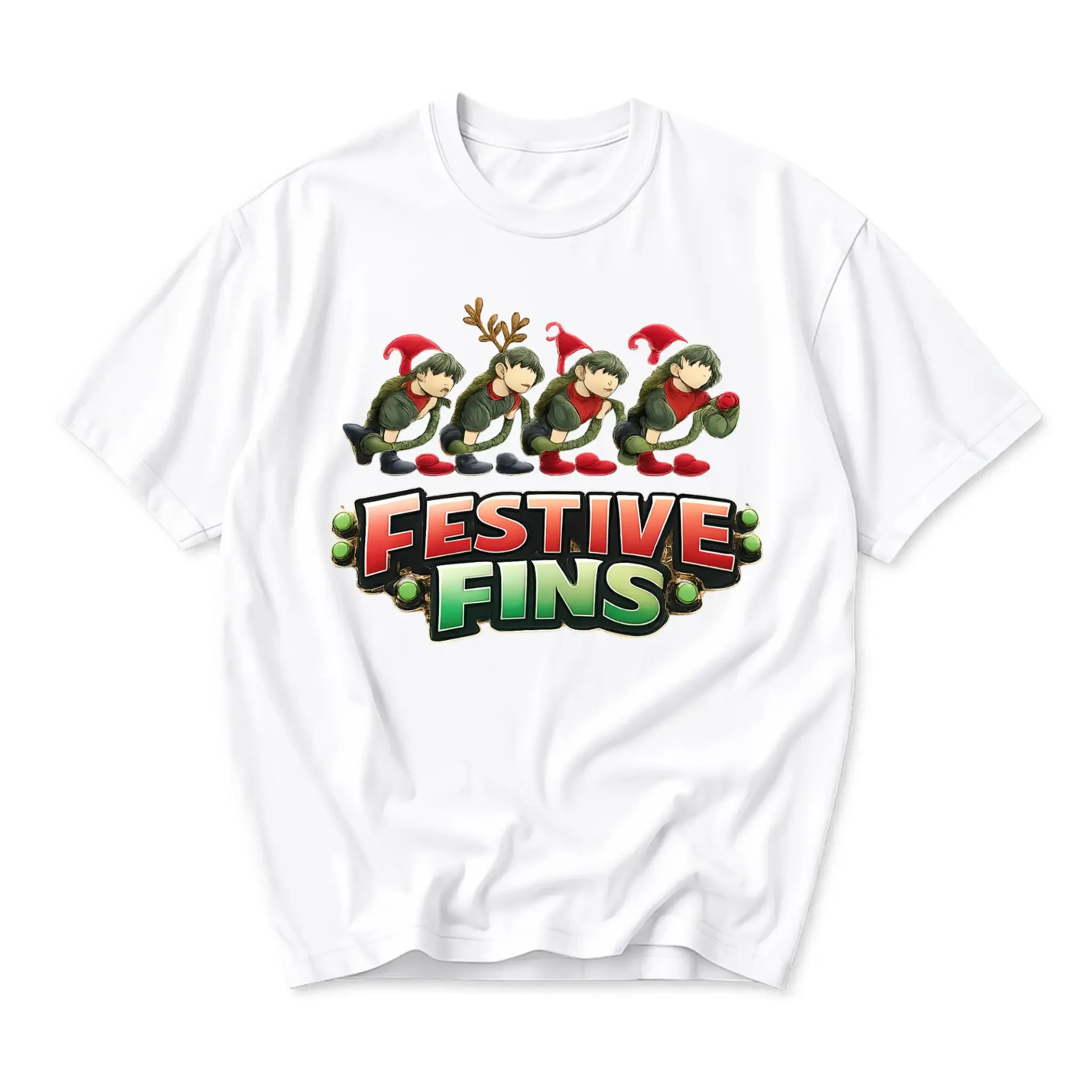 Funny Shirt Festive Fins Holiday Graphic Tee Unisex Crew Neck Casual Wear