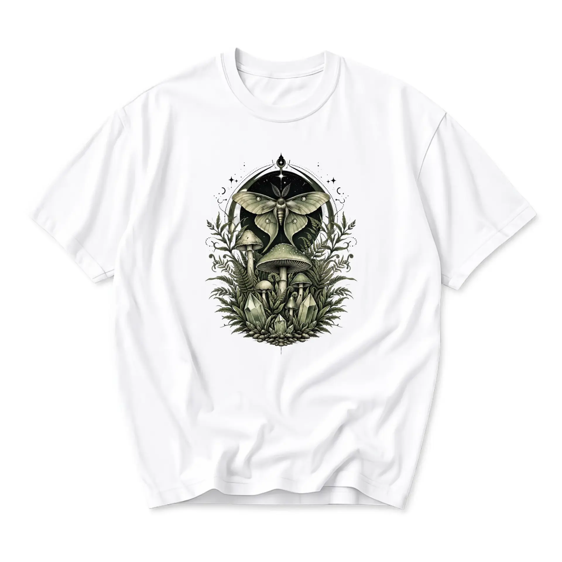 Graphic Tee Unisex Crew Neck T-Shirt Featuring Moth Mushroom and Crystal Nature Illustration Botanical Art Print