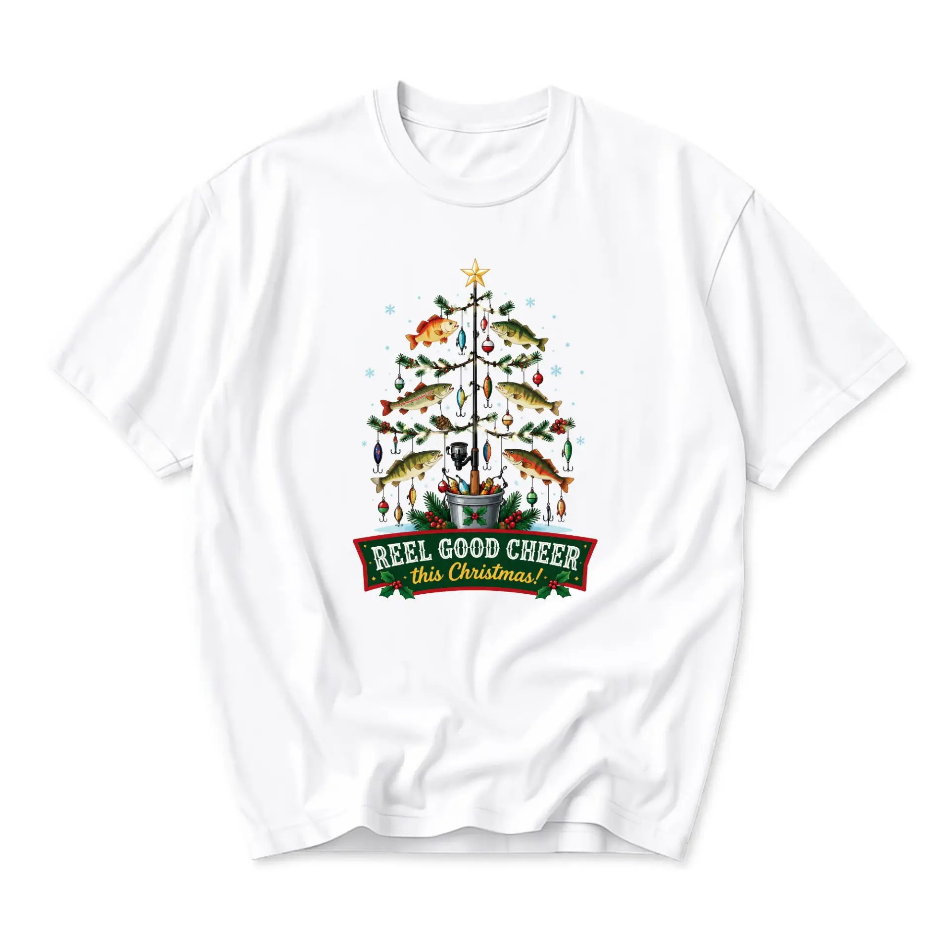 Funny Shirt Reel Good Cheer This Christmas Graphic Tee Unisex Holiday Fishing Themed Cotton Blend Crew Neck Apparel