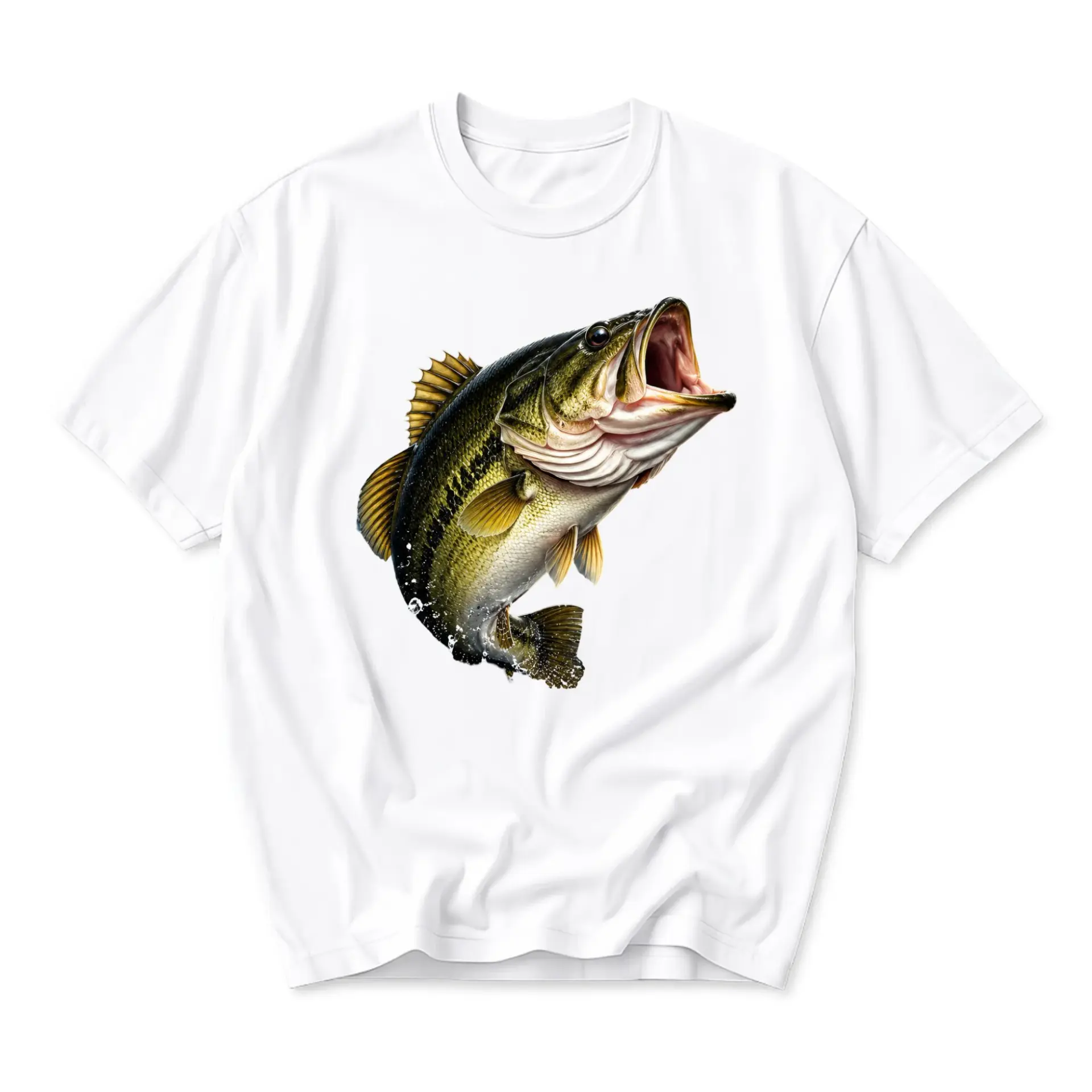 Graphic Tee Fishing Apparel White Unisex Crew Neck Shirt Featuring a Detailed Freshwater Largemouth Design
