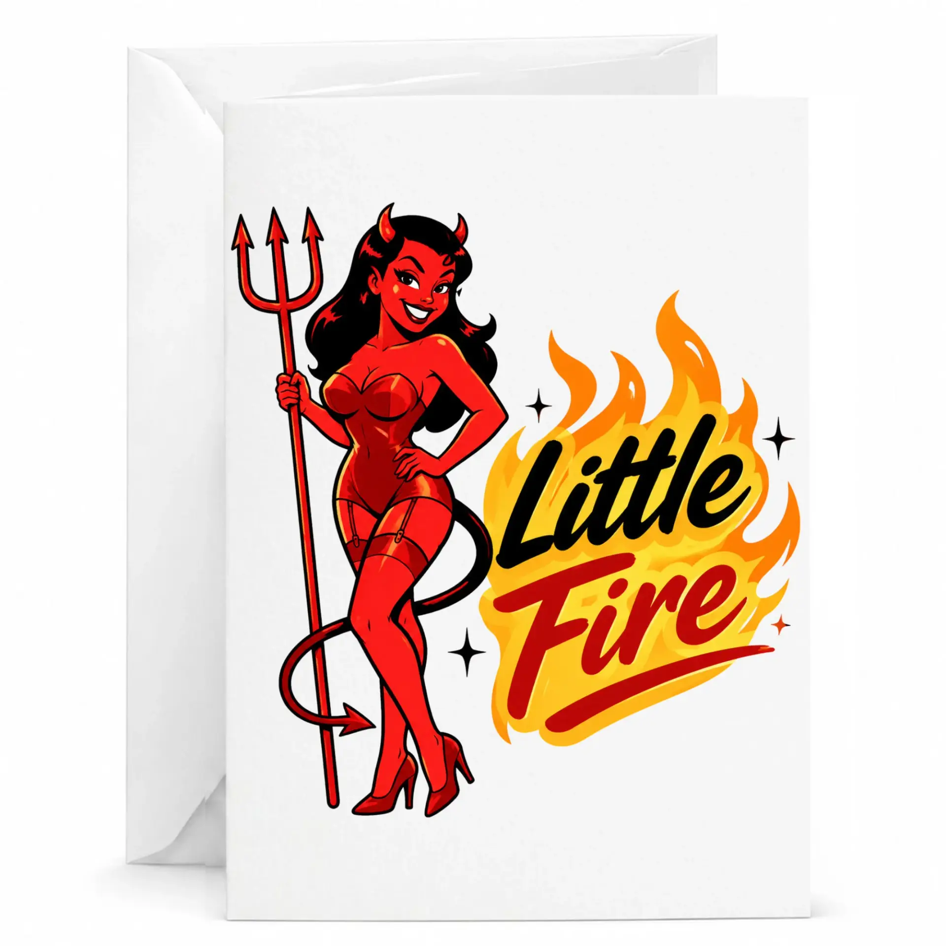Funny Greeting Card Little Fire Devil Pinup Art Illustration for Anniversary Birthday or Just Because Occasions
