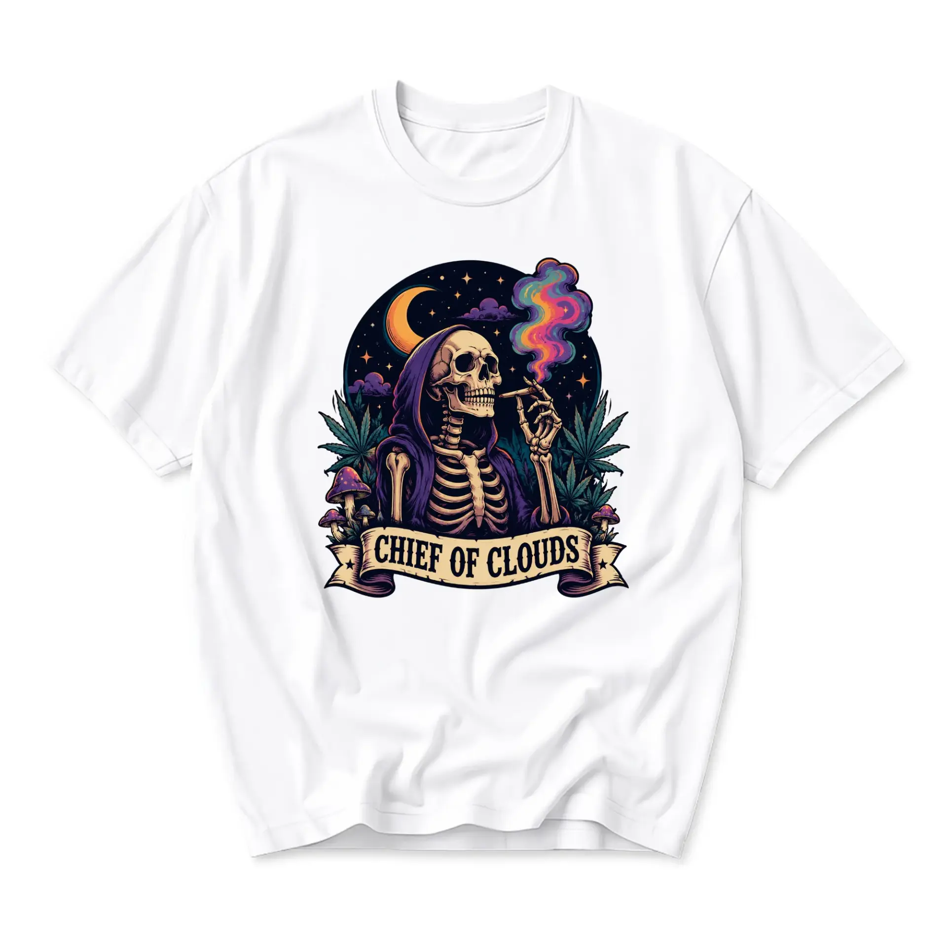 Funny Shirt Chief of Clouds Graphic Tee Skull Mushroom Botanical Art Unisex Casual Crew Neck Comfortable Cotton Top