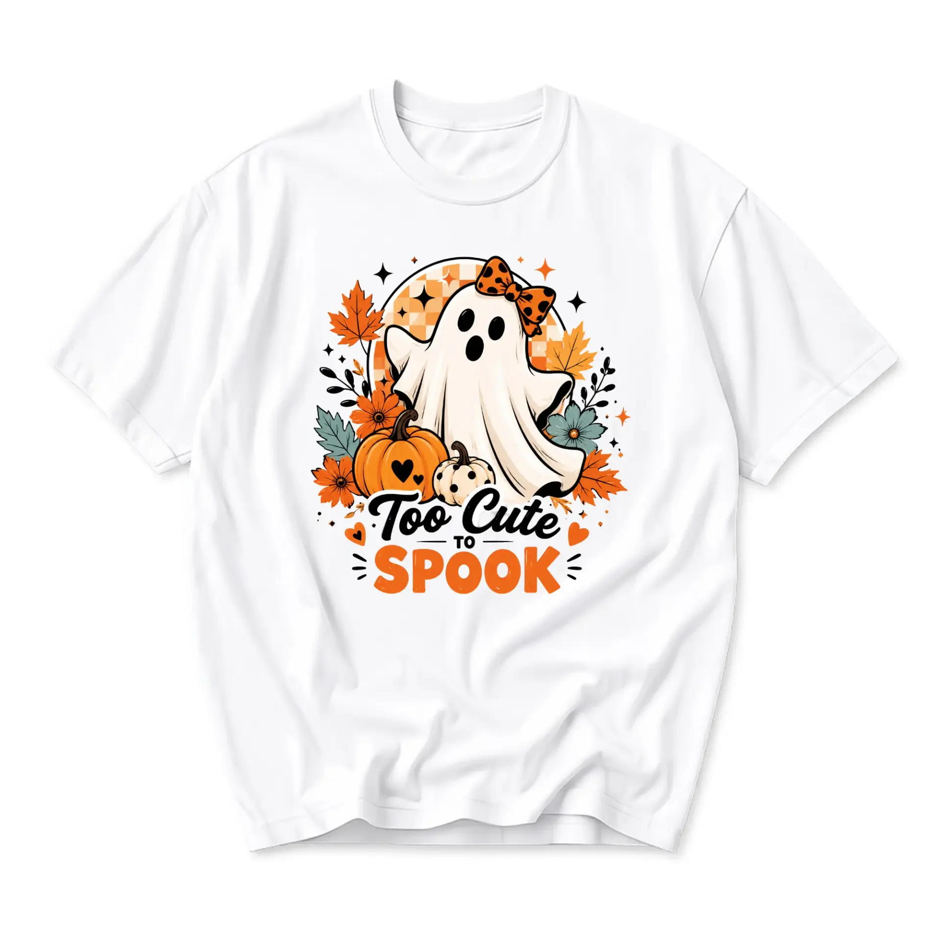 Graphic Tee Unisex Crew Neck T-Shirt Featuring a Cute Ghost with a Bow Pumpkins and Fall Foliage Design
