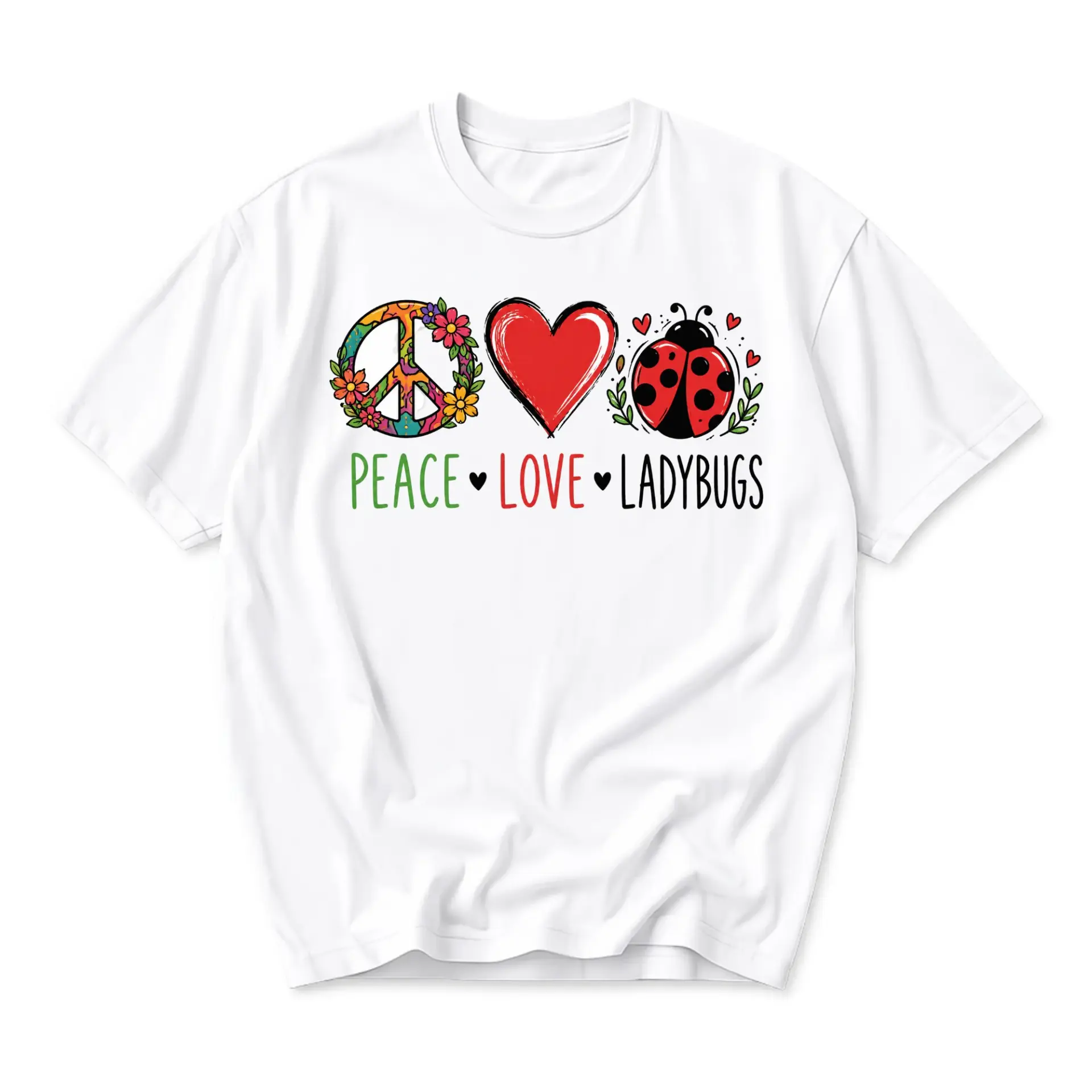 Graphic Tee Peace Love Ladybugs Floral Inspired Nature Design Unisex Casual Cotton Crew Neck Short Sleeve Shirt
