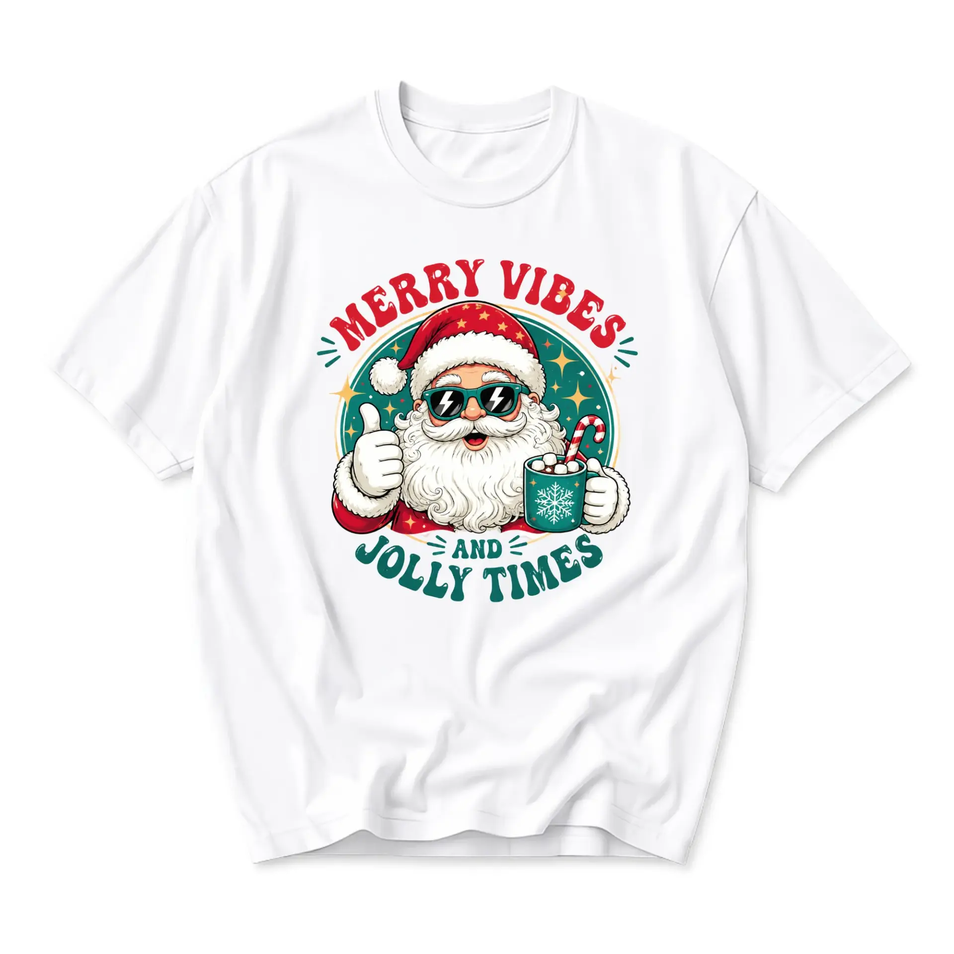 Graphic Tee Merry Vibes and Jolly Times Santa Claus Print Short Sleeve Unisex Crew Neck Casual Holiday Clothing Top