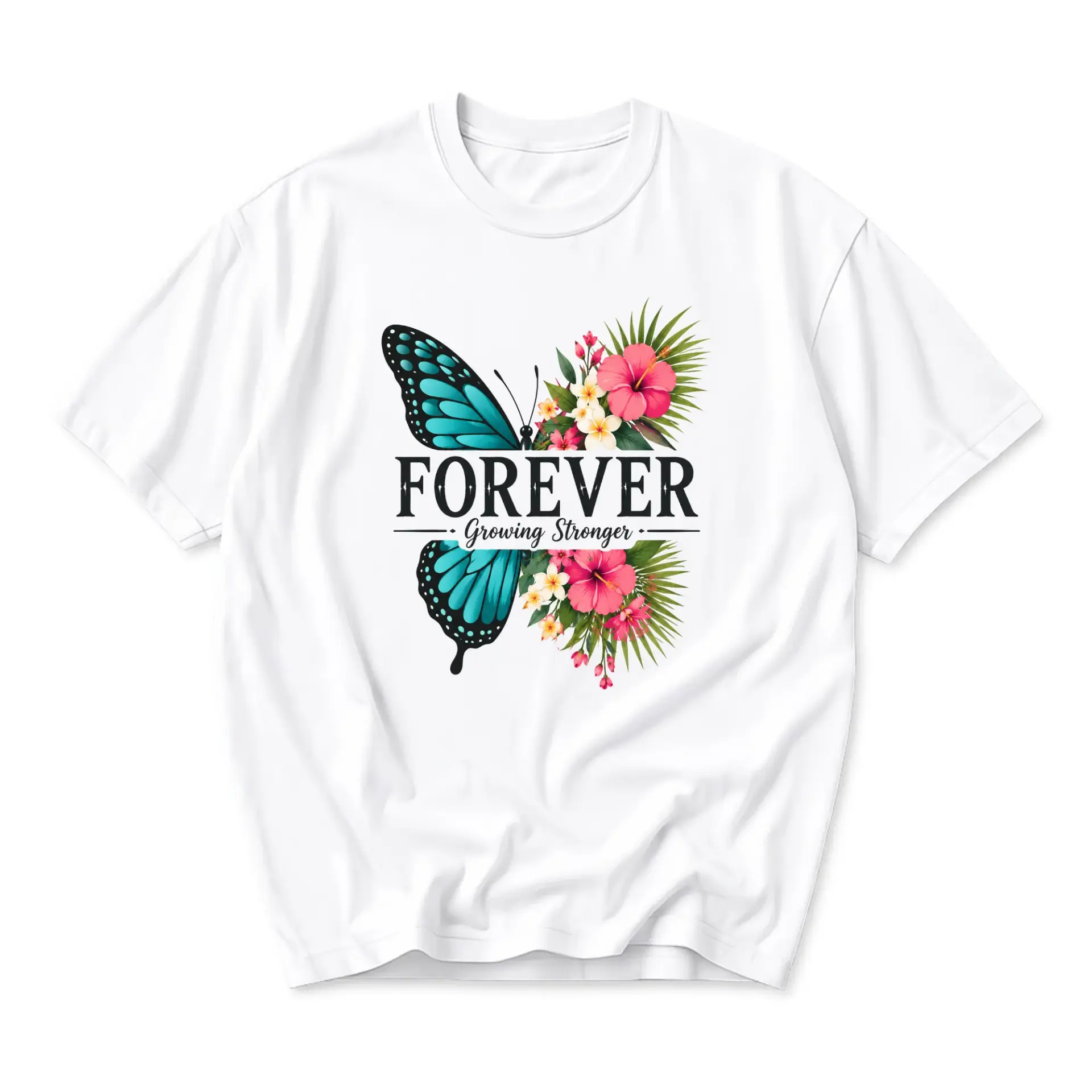 Graphic Tee Forever Growing Stronger Butterfly Floral Unisex Crew Neck T-Shirt Casual Everyday Apparel White
