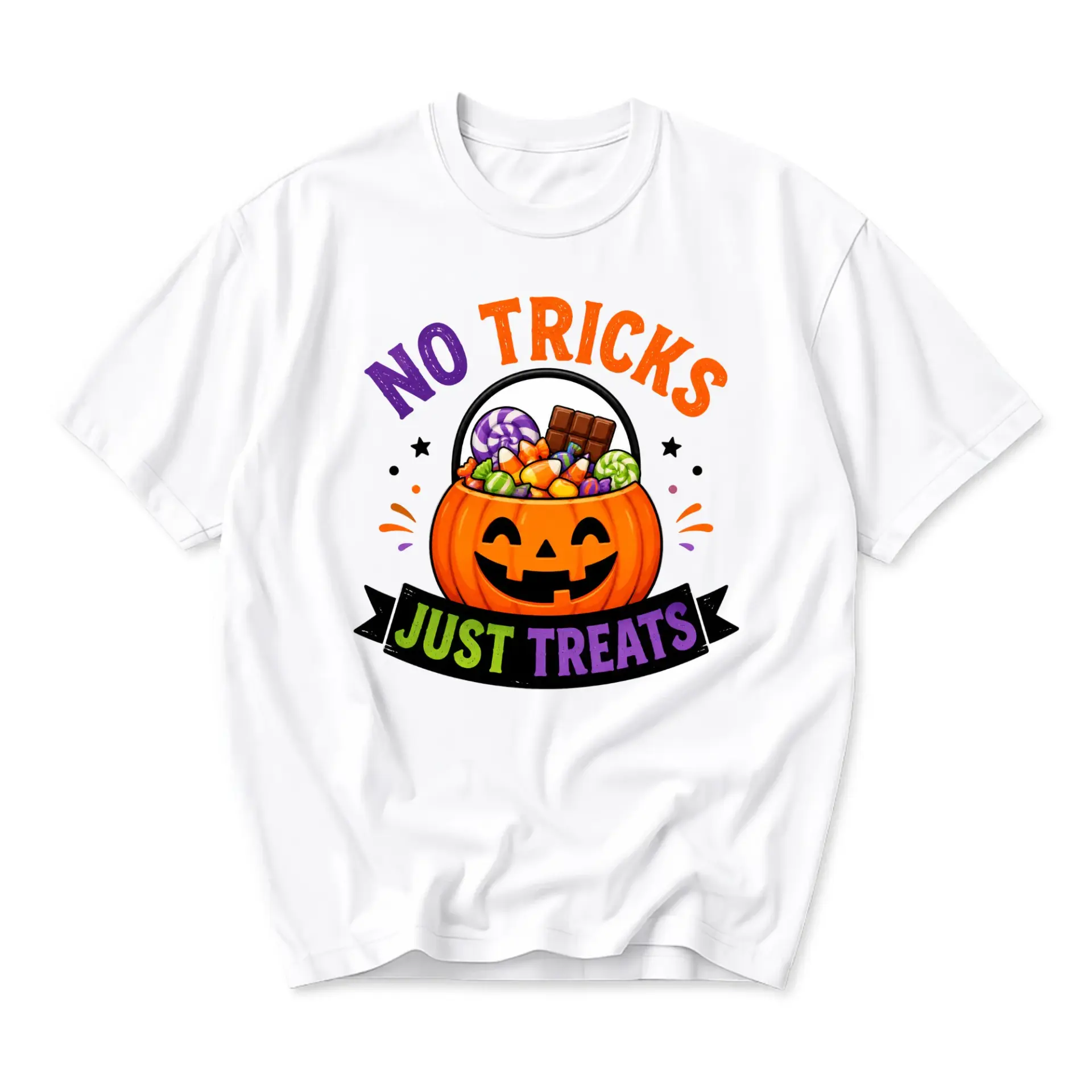 Funny Shirt No Tricks Just Treats Halloween Graphic Tee Unisex Crew Neck Comfortable Casual Cotton Blend Holiday Top